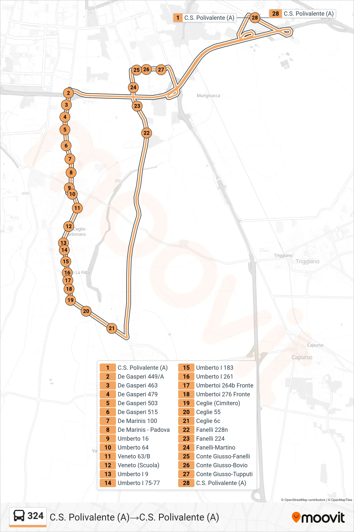 Linea 324  bus (C.S. Polivalente (A)‎→C.S. Polivalente (A)) - Percorsi e fermate sulla mappa