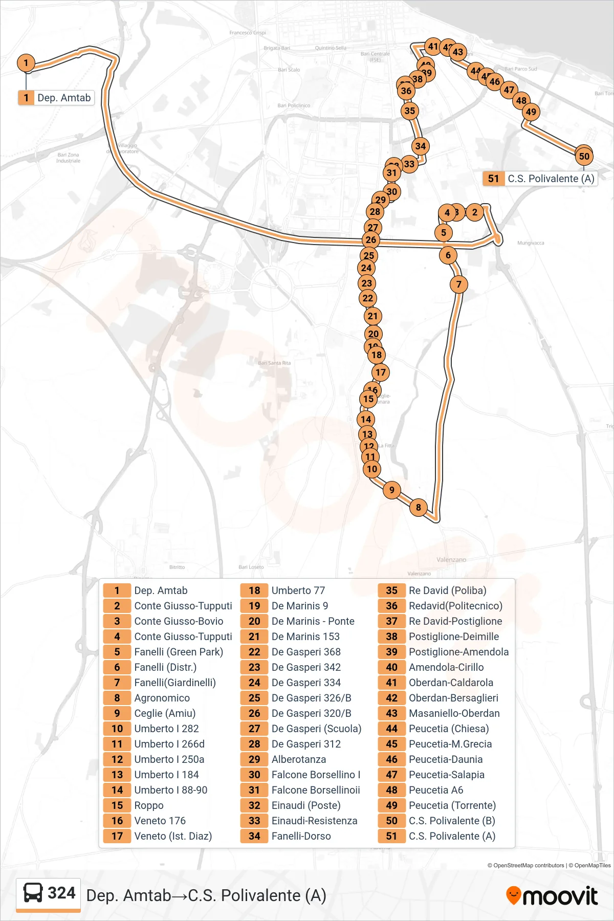 Linea 324 bus (Dep. Amtab→C.S. Polivalente (A)) - Percorsi e fermate sulla mappa