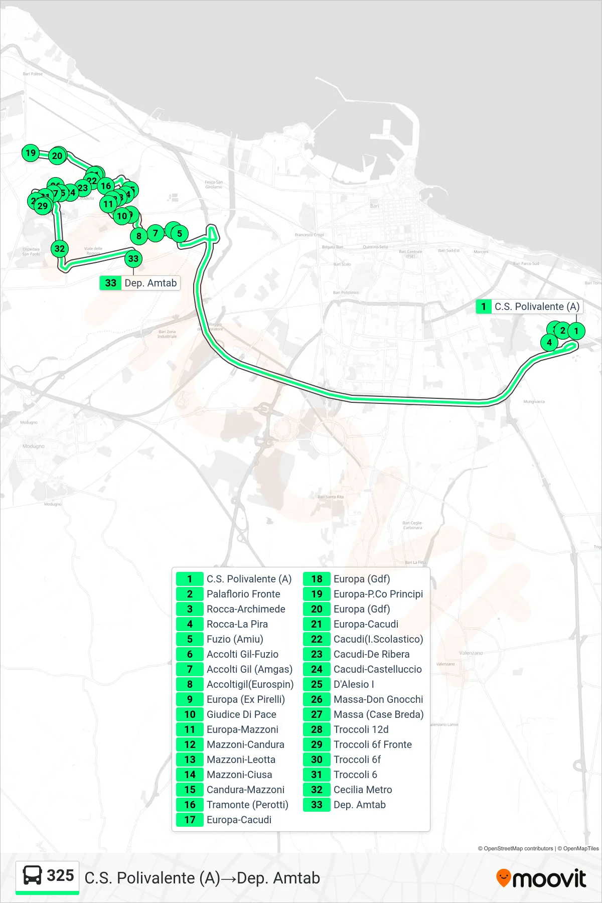 Linea 325 bus (C.S. Polivalente (A)→Dep. Amtab) - Percorsi e fermate sulla mappa