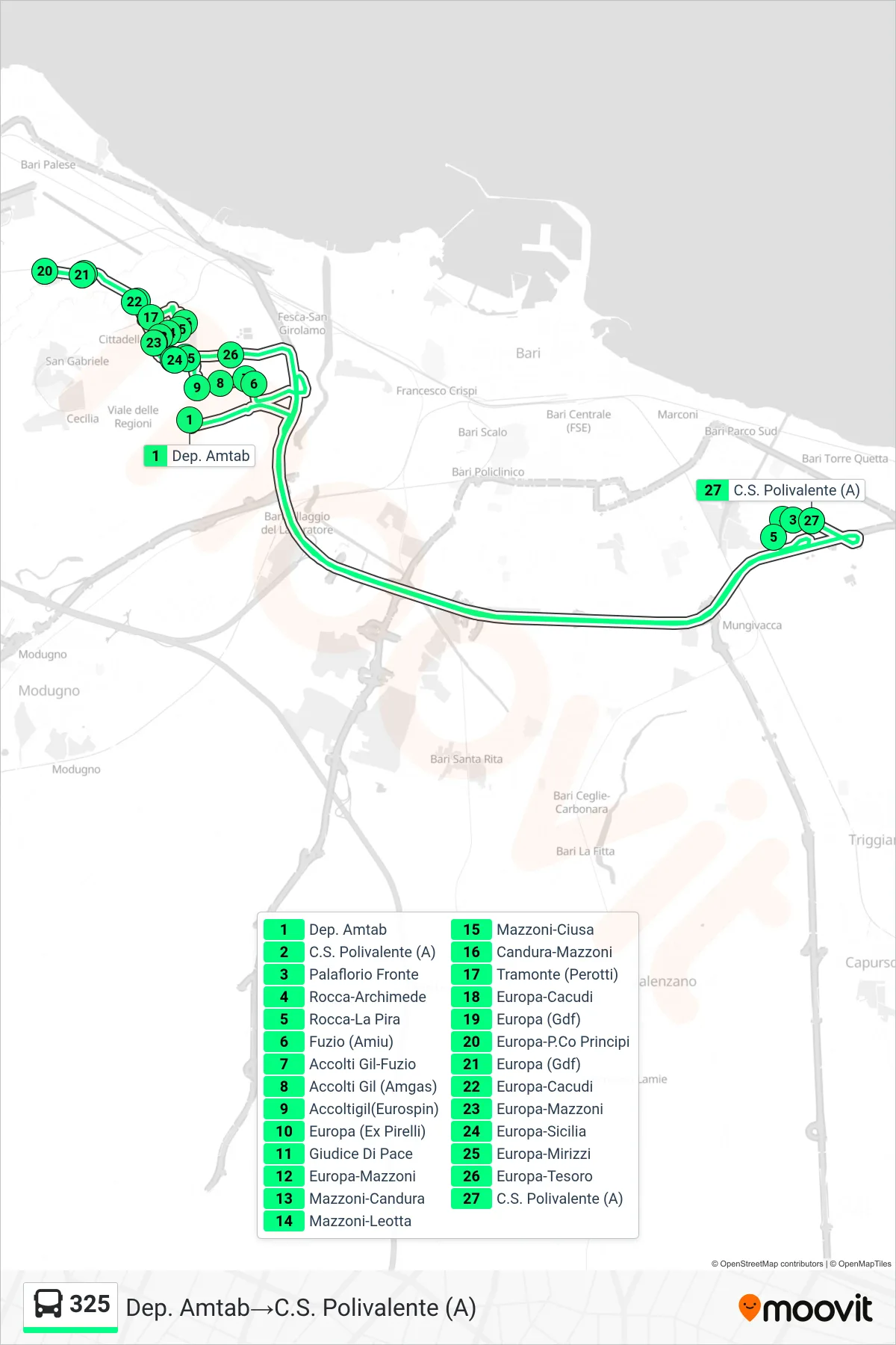 Linea 325  bus (Dep. Amtab‎→C.S. Polivalente (A)) - Percorsi e fermate sulla mappa