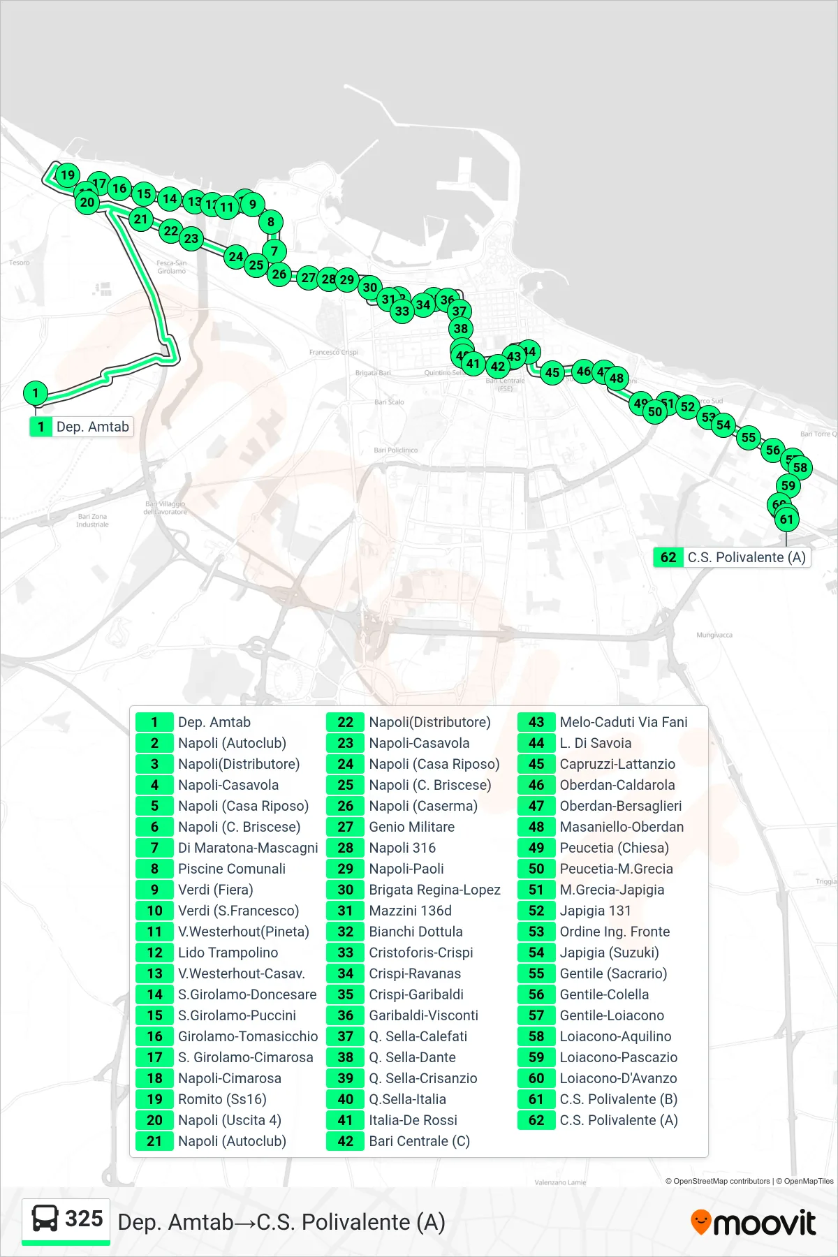 Linea 325 bus (Dep. Amtab→C.S. Polivalente (A)) - Percorsi e fermate sulla mappa