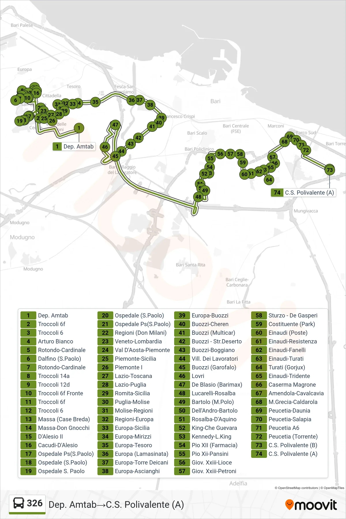 Linea 326 bus (Dep. Amtab→C.S. Polivalente (A)) - Percorsi e fermate sulla mappa