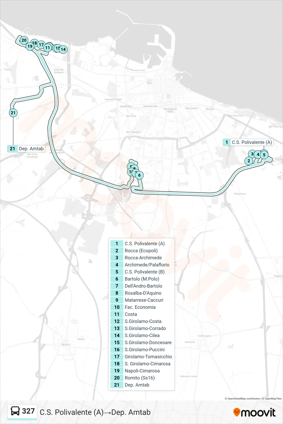 Linea 327  bus (C.S. Polivalente (A)‎→Dep. Amtab) - Percorsi e fermate sulla mappa