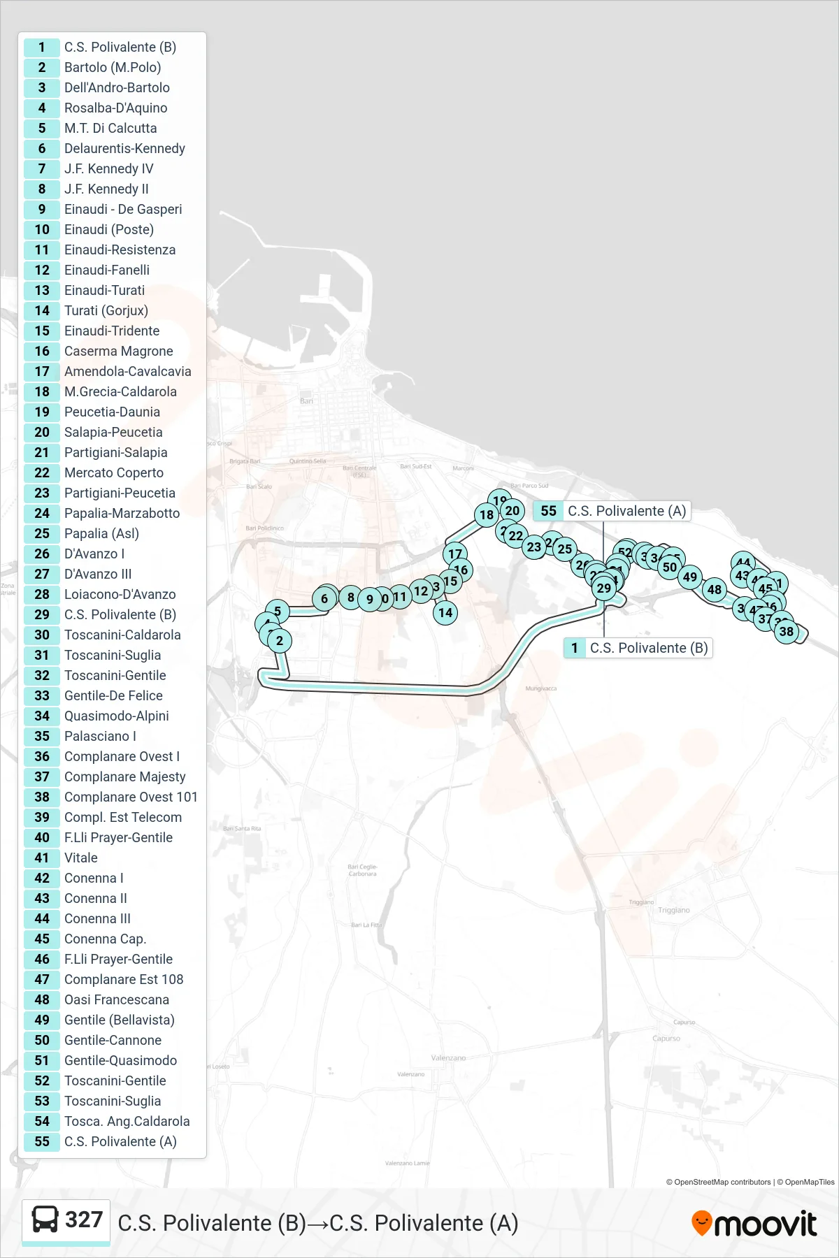 Linea 327 bus (C.S. Polivalente (B)→C.S. Polivalente (A)) - Percorsi e fermate sulla mappa