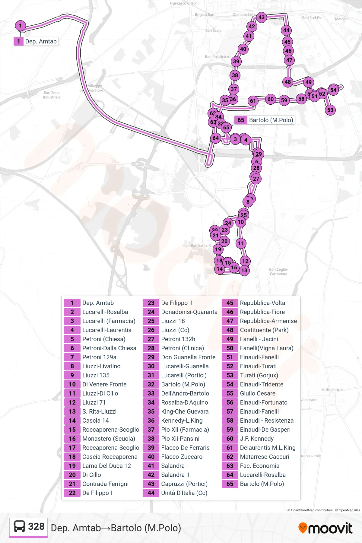 Linea 328  bus (Dep. Amtab‎→Bartolo (M.Polo)) - Percorsi e fermate sulla mappa