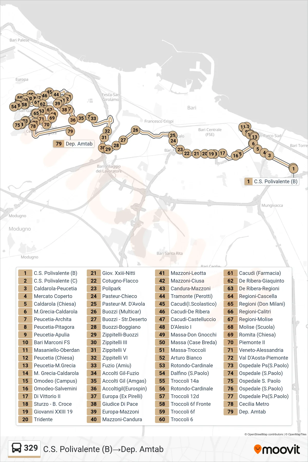 Linea 329 bus (C.S. Polivalente (B)→Dep. Amtab) - Percorsi e fermate sulla mappa