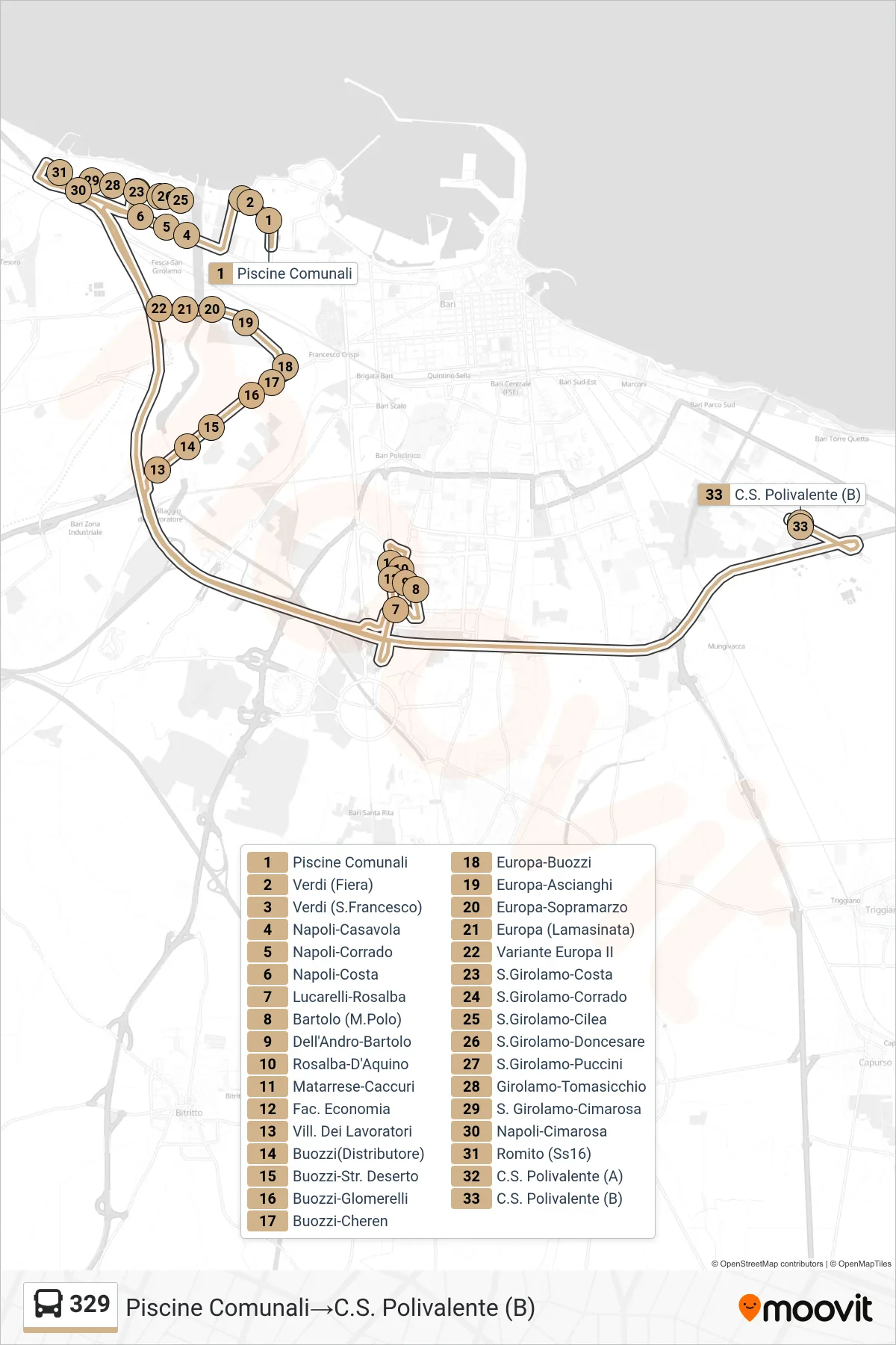 Linea 329 bus (Piscine Comunali→C.S. Polivalente (B)) - Percorsi e fermate sulla mappa