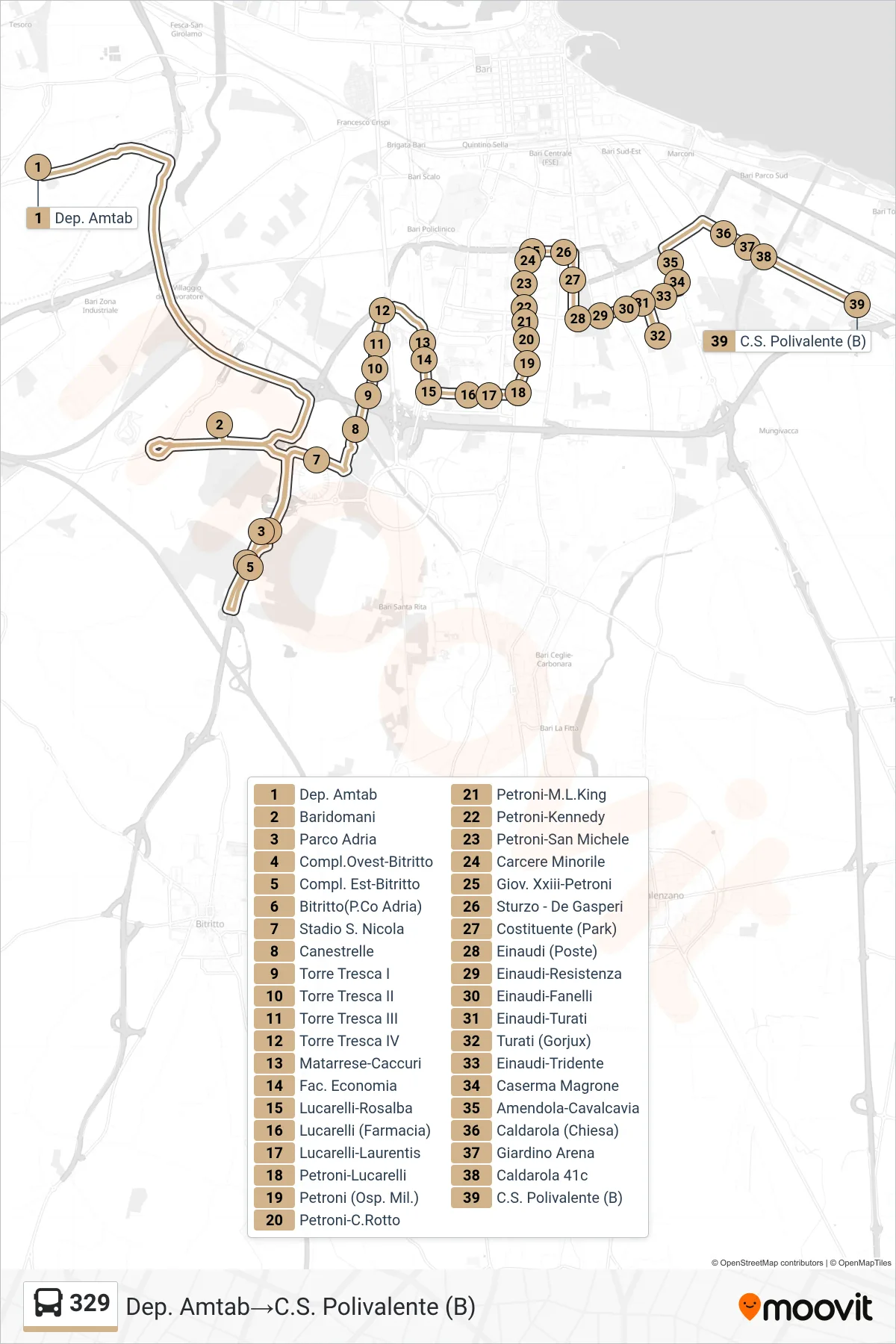 Linea 329 bus (Dep. Amtab→C.S. Polivalente (B)) - Percorsi e fermate sulla mappa