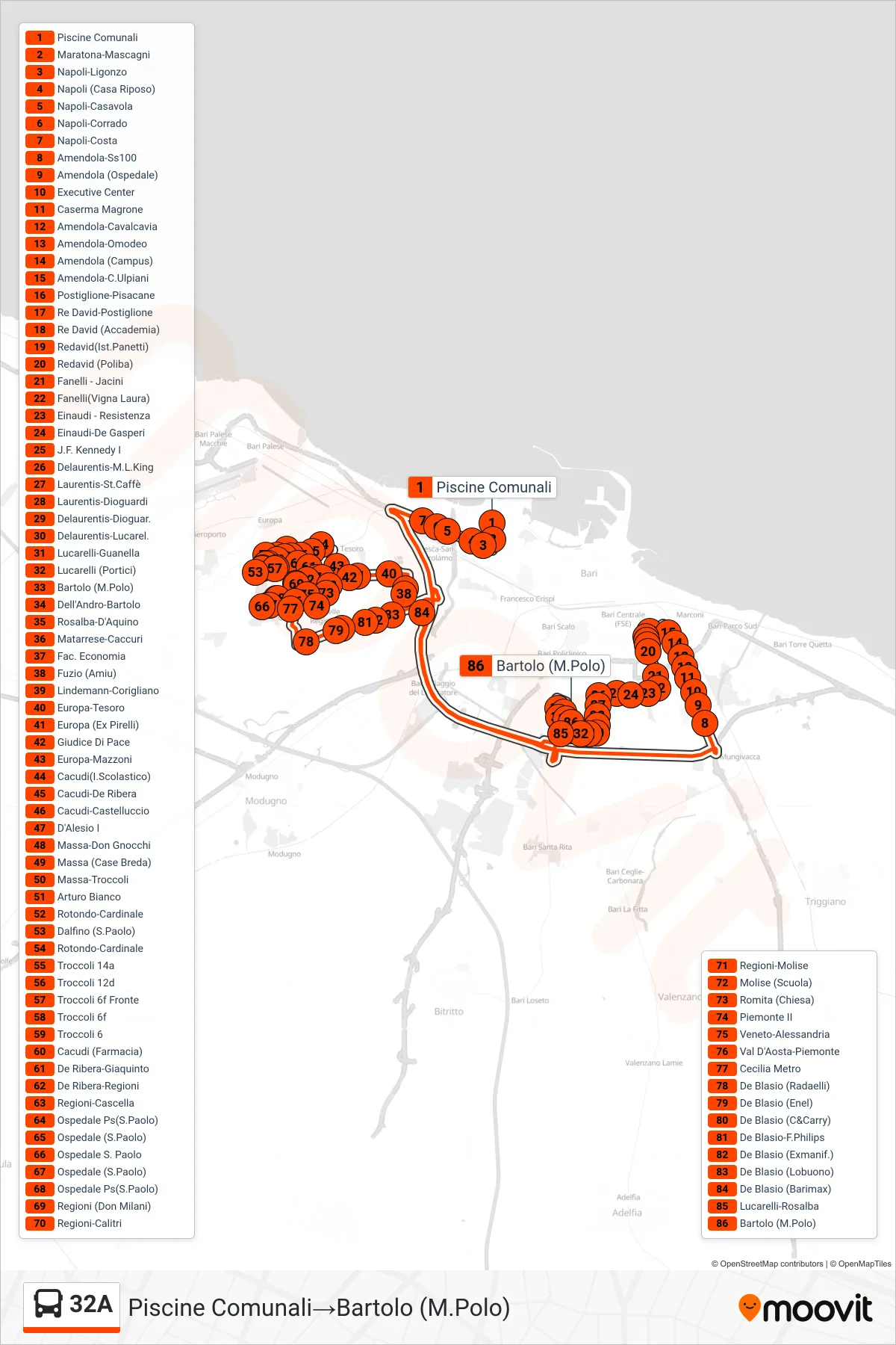 Linea 32A  bus (Piscine Comunali‎→Bartolo (M.Polo)) - Percorsi e fermate sulla mappa