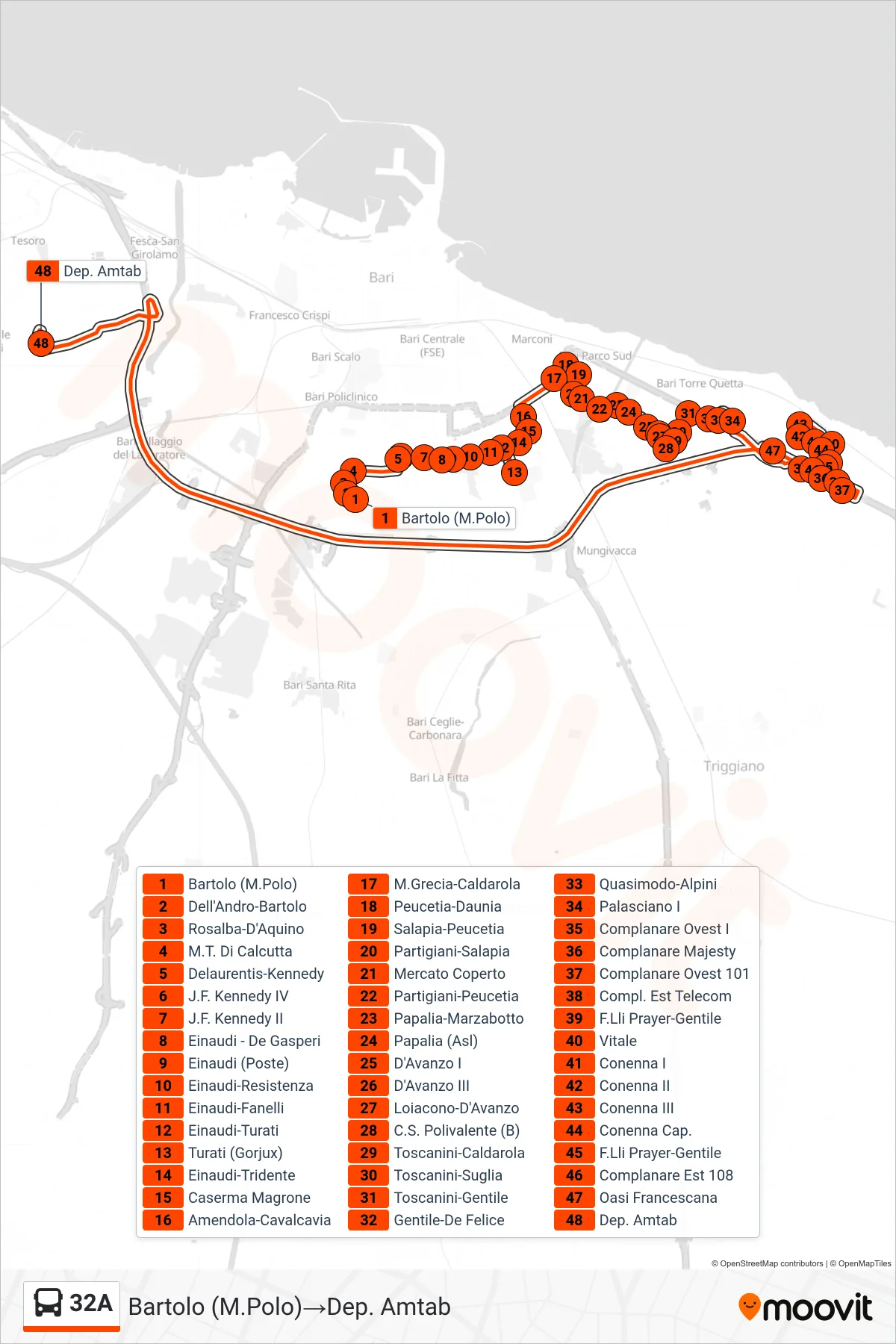 Linea 32A bus (Bartolo (M.Polo)→Dep. Amtab) - Percorsi e fermate sulla mappa