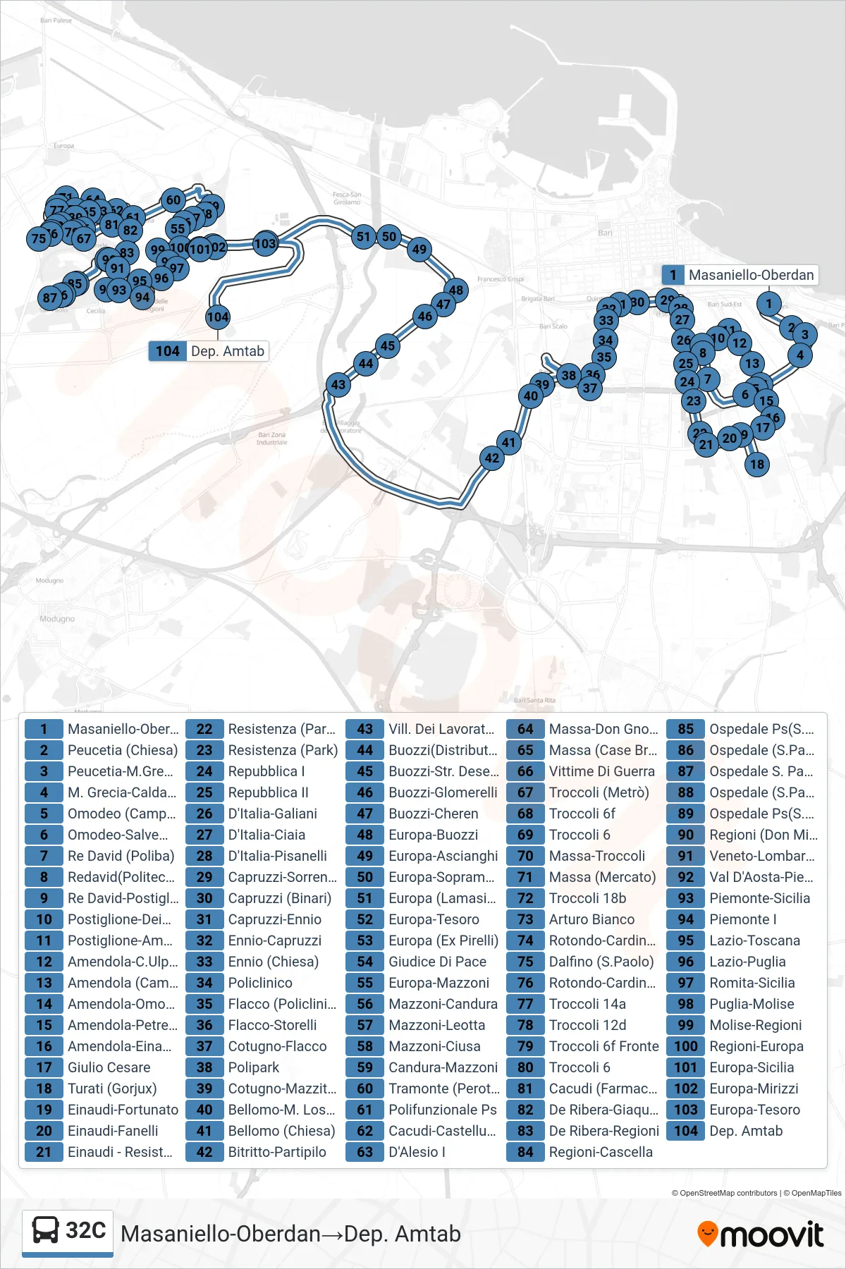 Linea 32C bus (Masaniello-Oberdan→Dep. Amtab) - Percorsi e fermate sulla mappa