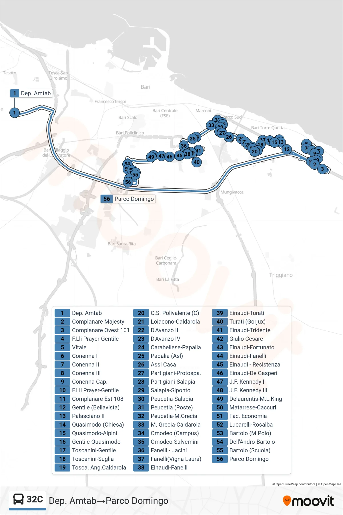 Linea 32C  bus (Dep. Amtab‎→Parco Domingo) - Percorsi e fermate sulla mappa