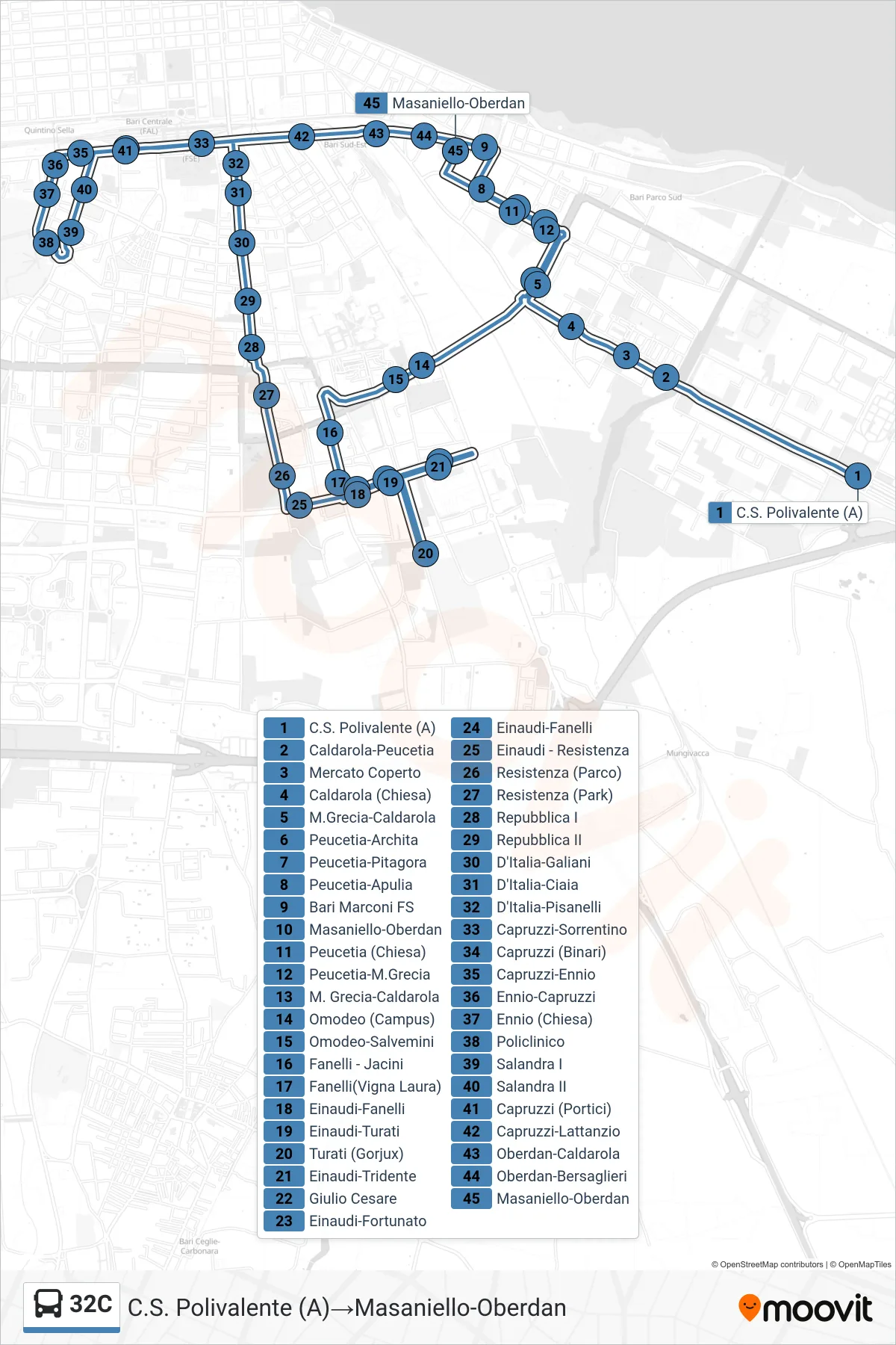 Linea 32C bus (C.S. Polivalente (A)→Masaniello-Oberdan) - Percorsi e fermate sulla mappa