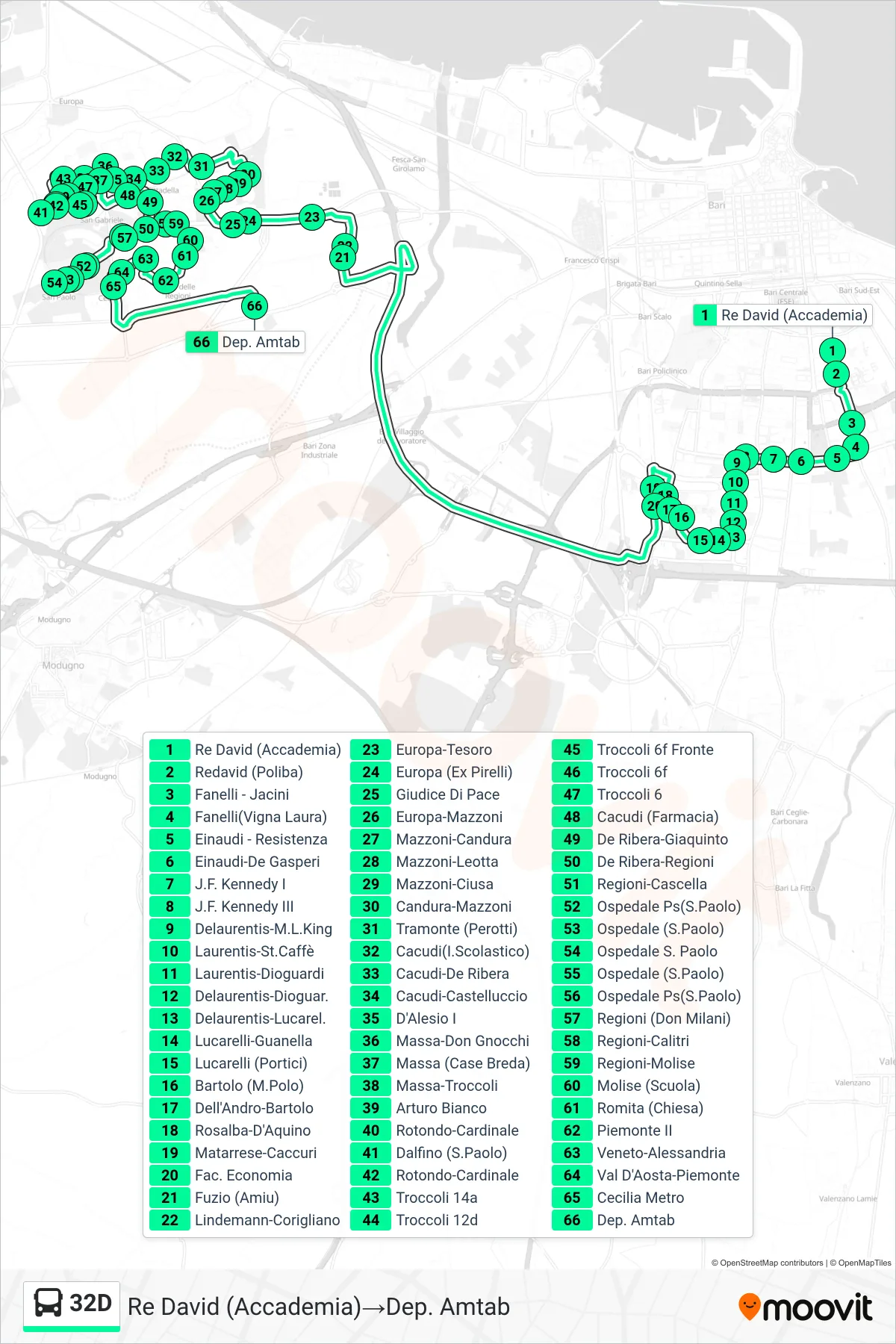 Linea 32D  bus (Re David (Accademia)‎→Dep. Amtab) - Percorsi e fermate sulla mappa