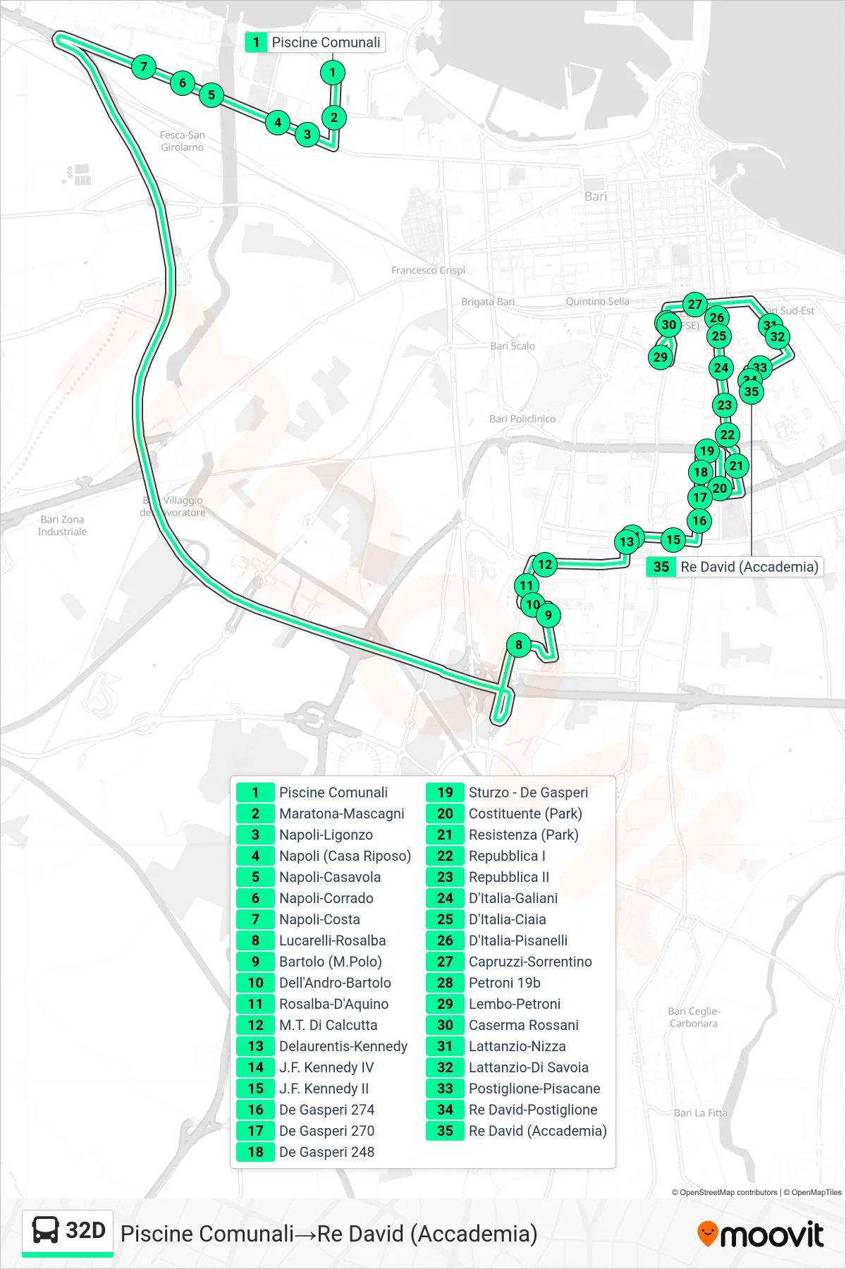 Linea 32D bus (Piscine Comunali→Re David (Accademia)) - Percorsi e fermate sulla mappa