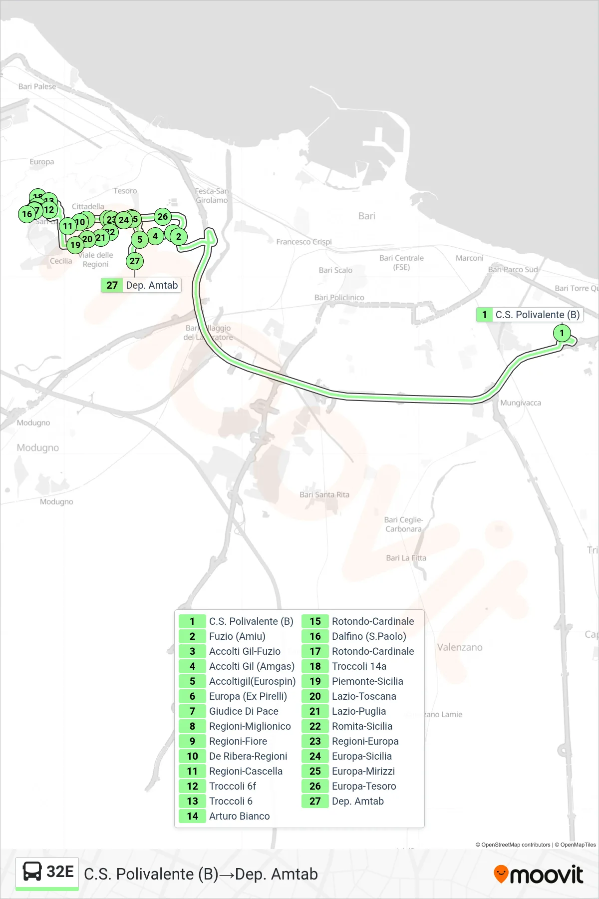 Linea 32E bus (C.S. Polivalente (B)→Dep. Amtab) - Percorsi e fermate sulla mappa