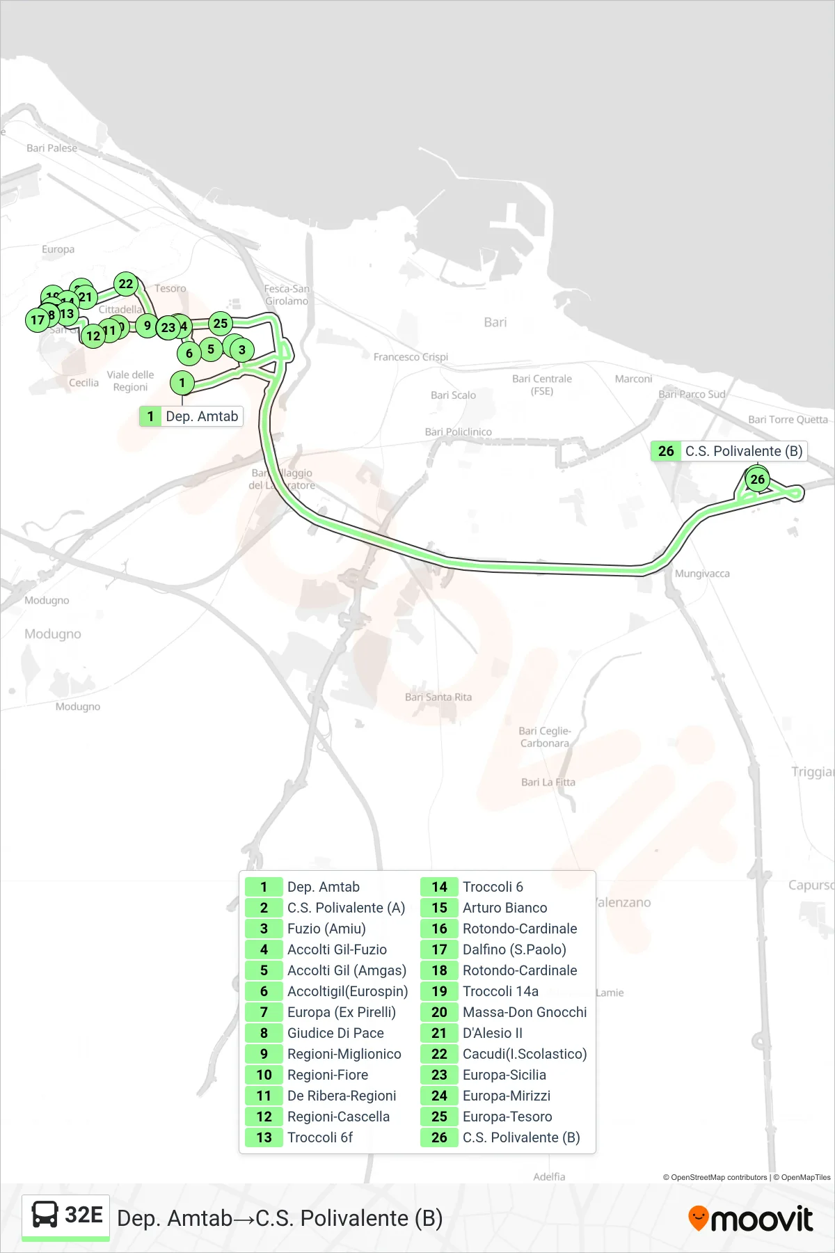 Linea 32E  bus (Dep. Amtab‎→C.S. Polivalente (B)) - Percorsi e fermate sulla mappa