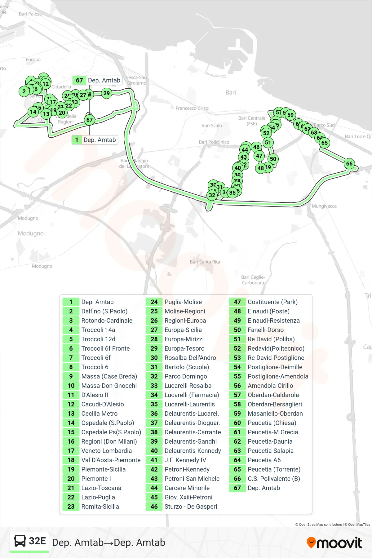 Linea 32E bus (Dep. Amtab→Dep. Amtab) - Percorsi e fermate sulla mappa