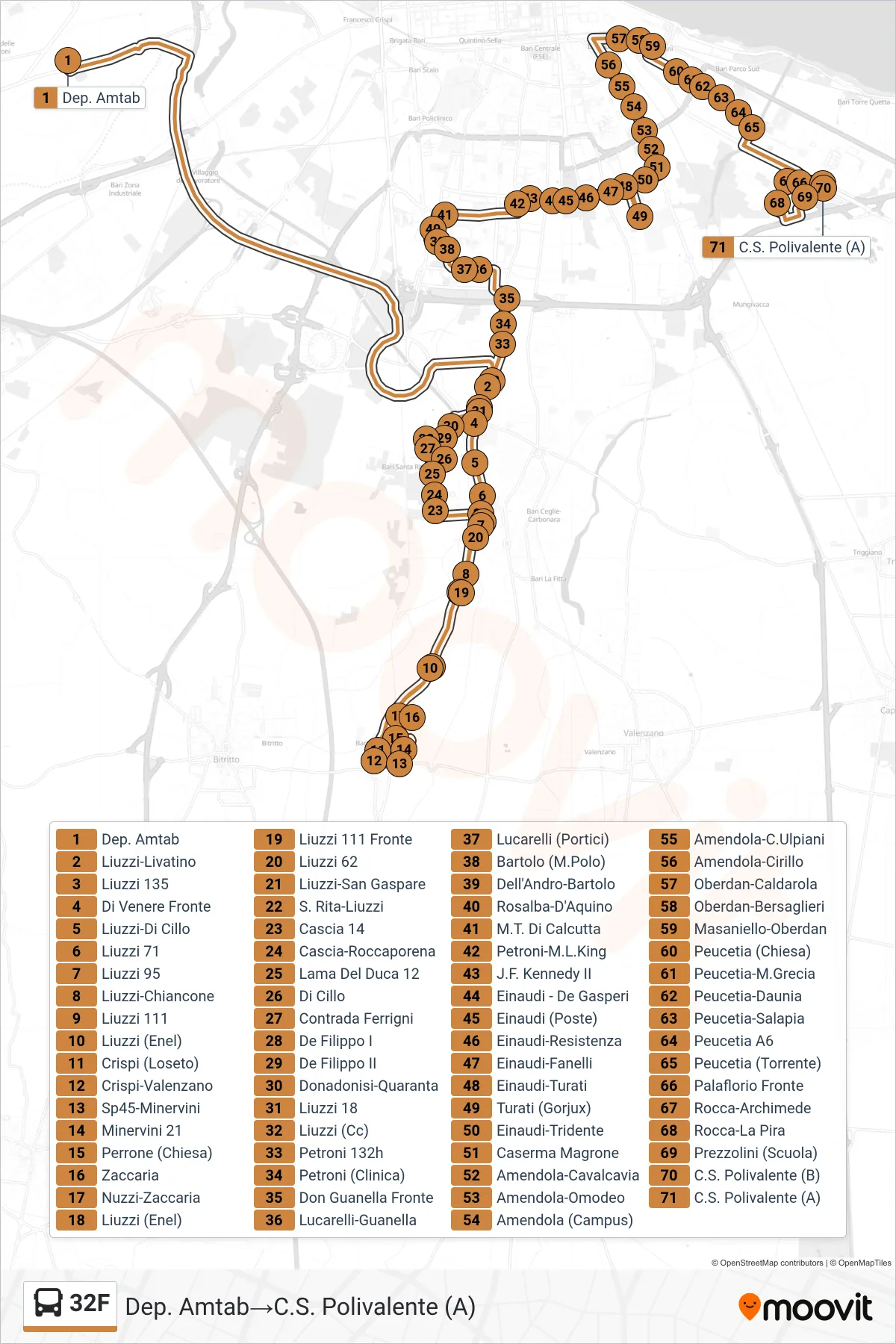 Linea 32F  bus (Dep. Amtab‎→C.S. Polivalente (A)) - Percorsi e fermate sulla mappa