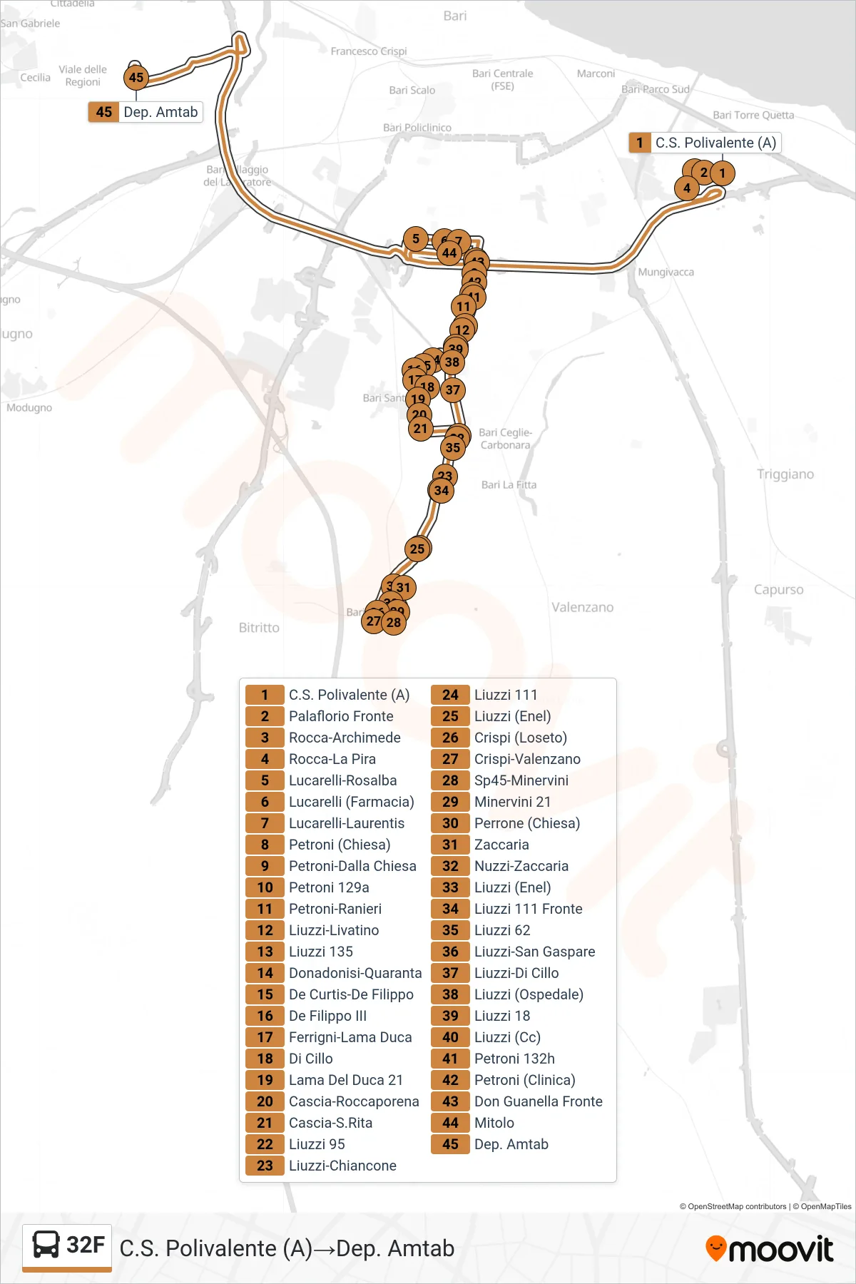 Linea 32F bus (C.S. Polivalente (A)→Dep. Amtab) - Percorsi e fermate sulla mappa