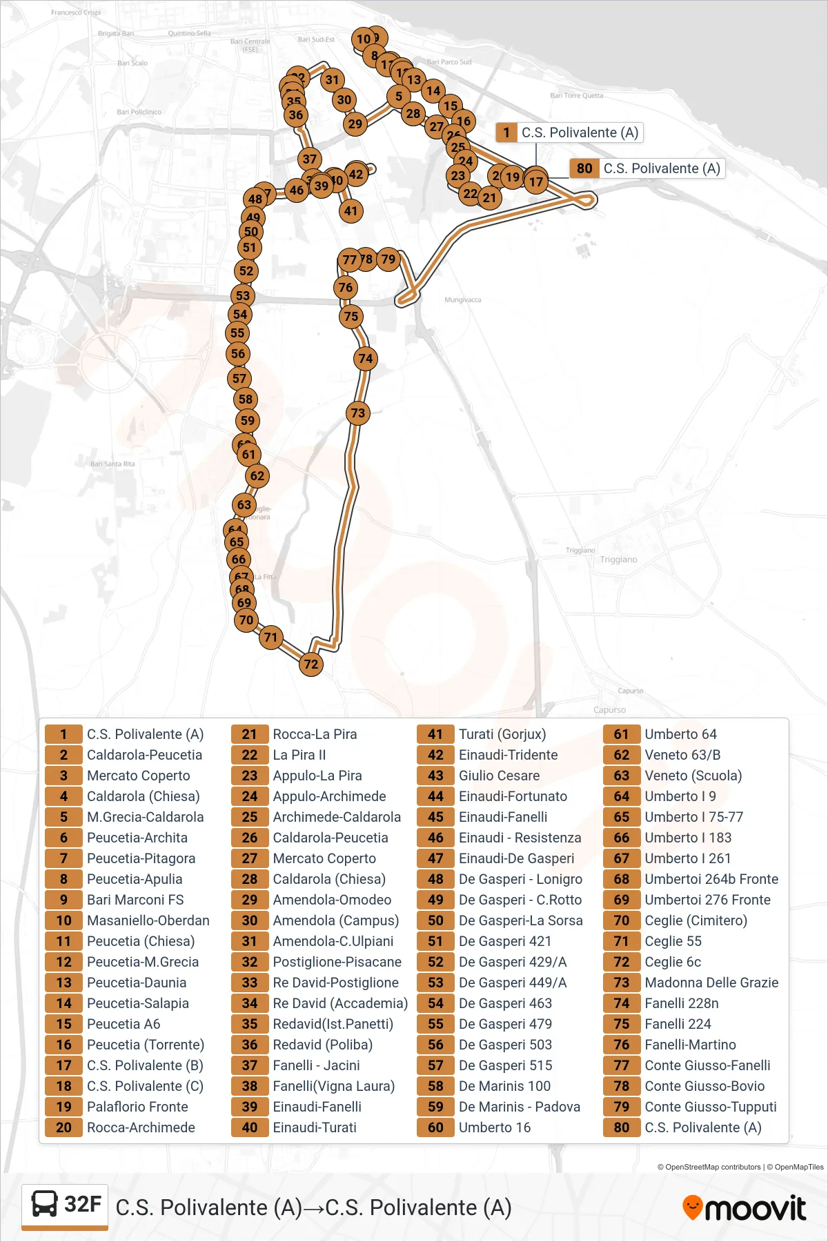 Linea 32F bus (C.S. Polivalente (A)→C.S. Polivalente (A)) - Percorsi e fermate sulla mappa