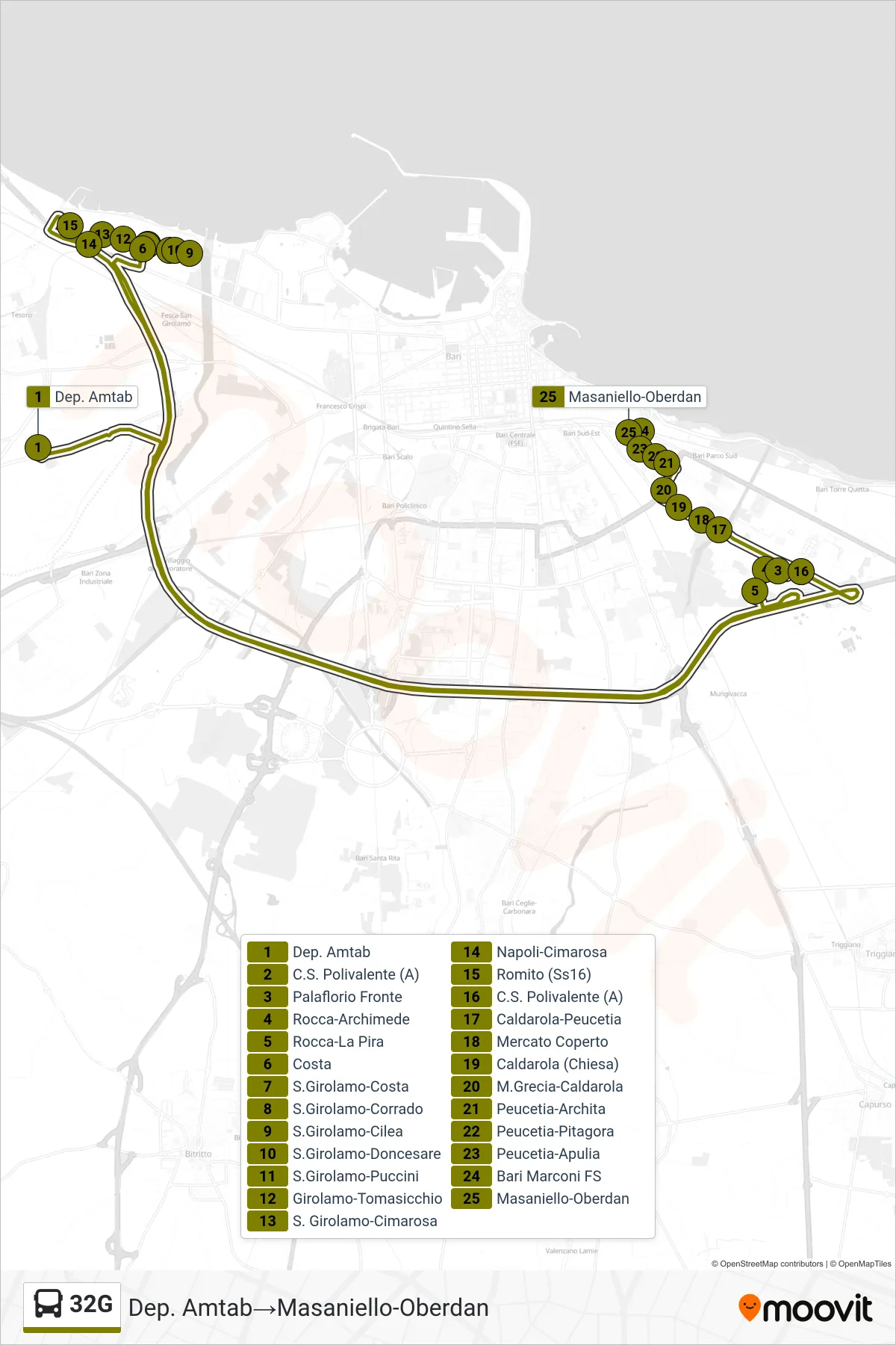Linea 32G  bus (Dep. Amtab‎→Masaniello-Oberdan) - Percorsi e fermate sulla mappa