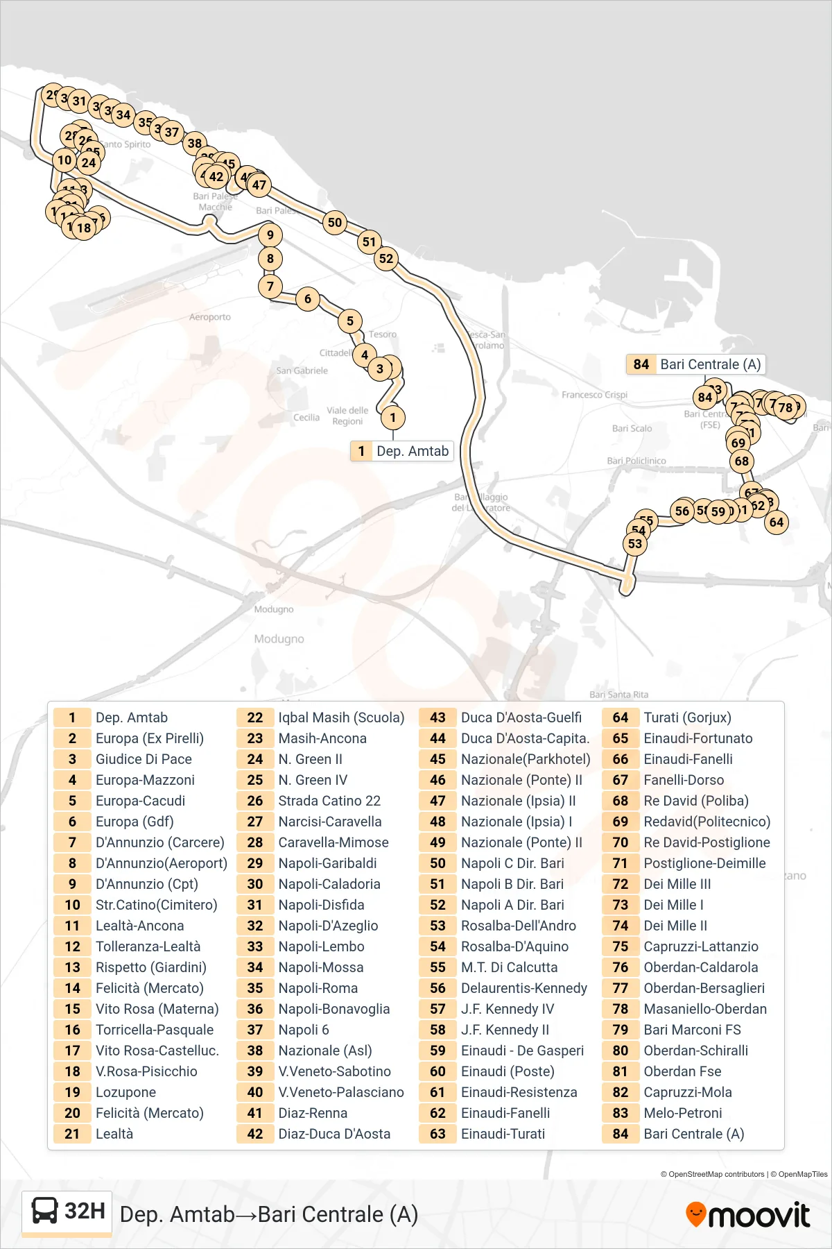 Linea 32H  bus (Dep. Amtab‎→Bari Centrale (A)) - Percorsi e fermate sulla mappa