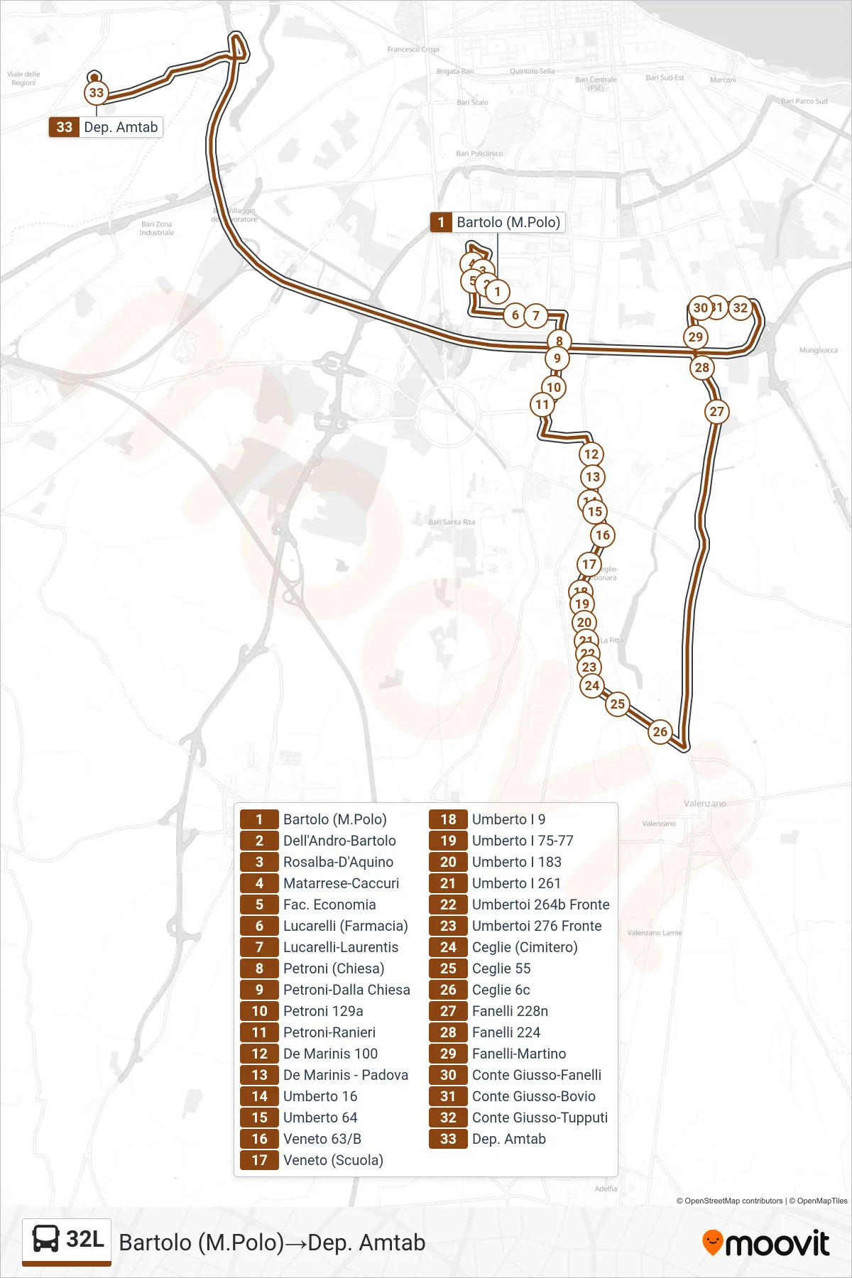 Linea 32L  bus (Bartolo (M.Polo)‎→Dep. Amtab) - Percorsi e fermate sulla mappa