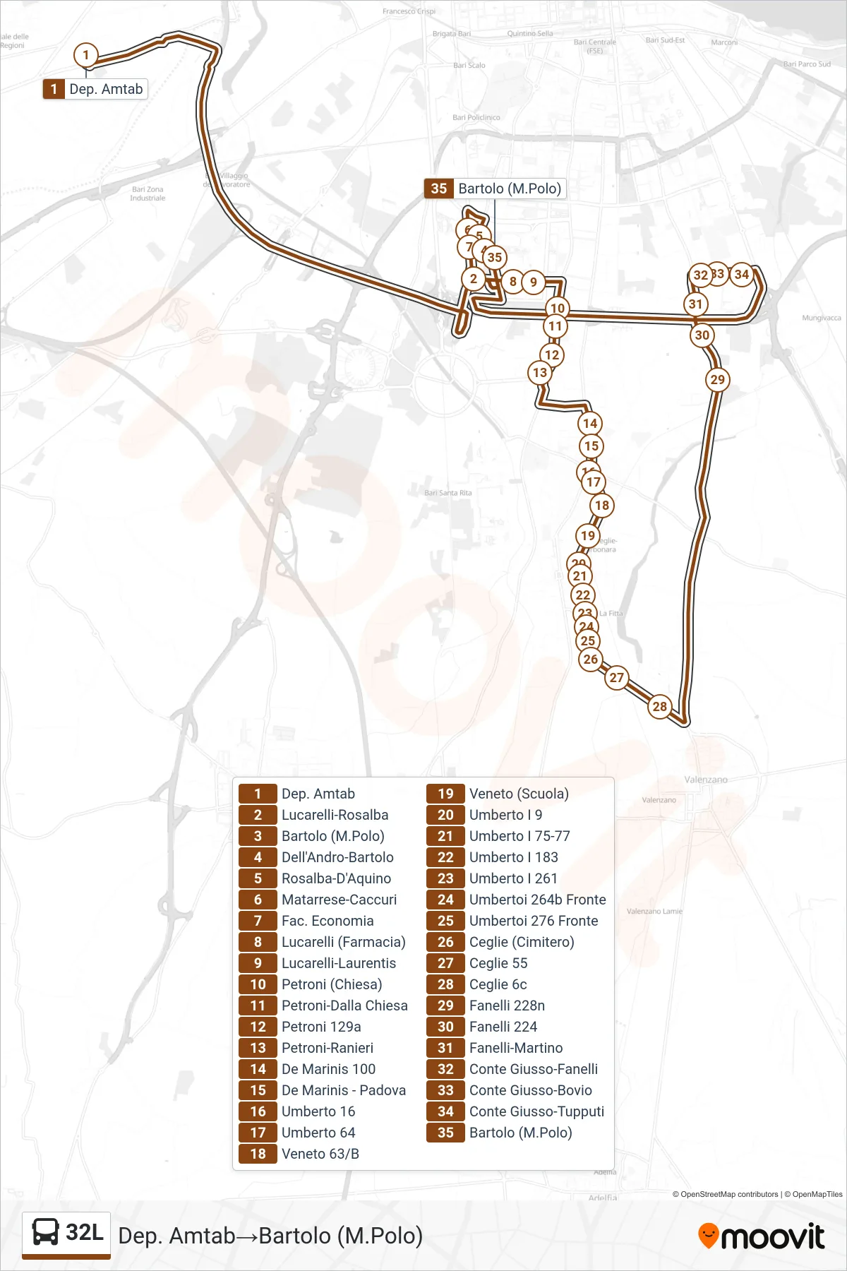 Linea 32L  bus (Dep. Amtab‎→Bartolo (M.Polo)) - Percorsi e fermate sulla mappa