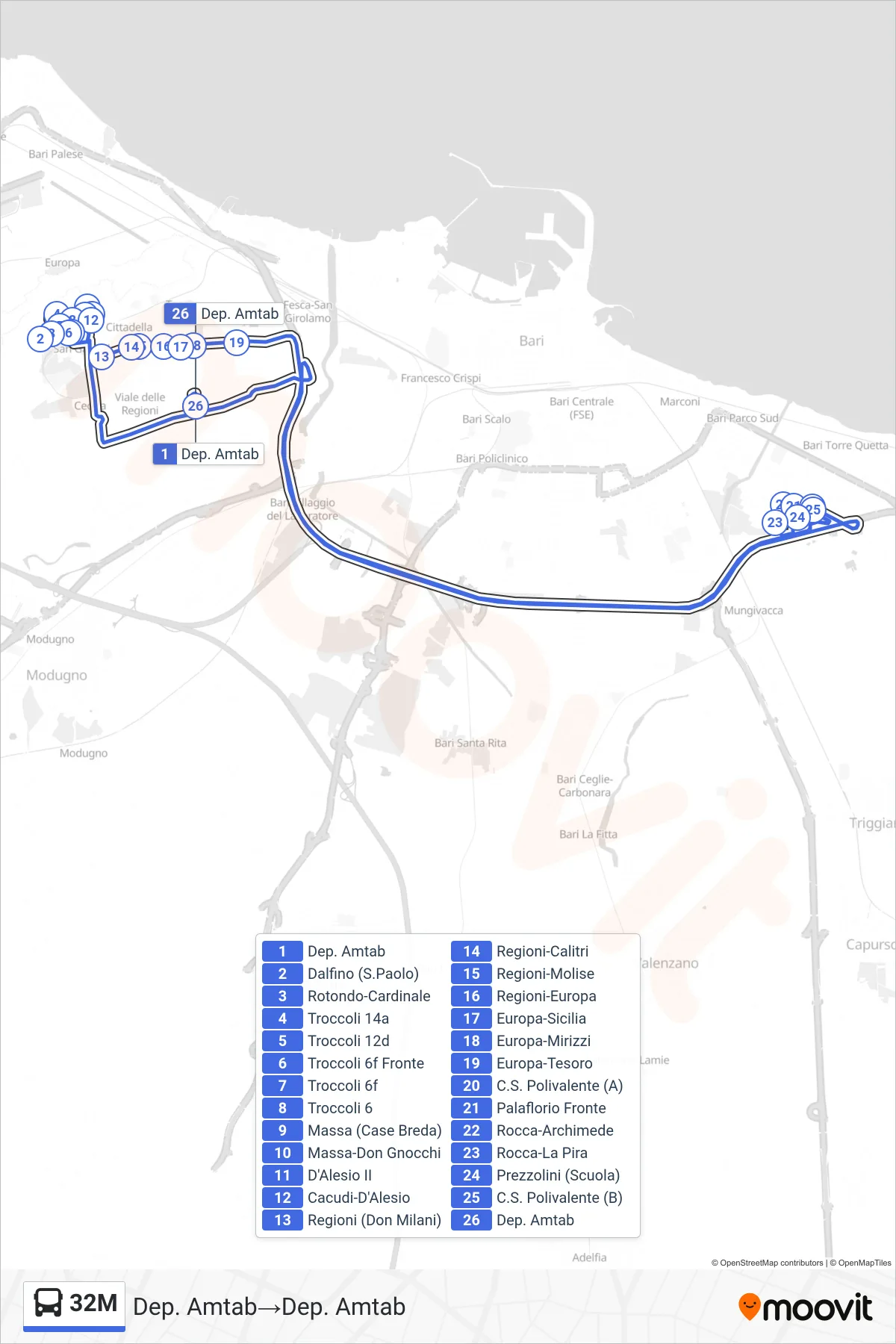 Linea 32M  bus (Dep. Amtab‎→Dep. Amtab) - Percorsi e fermate sulla mappa