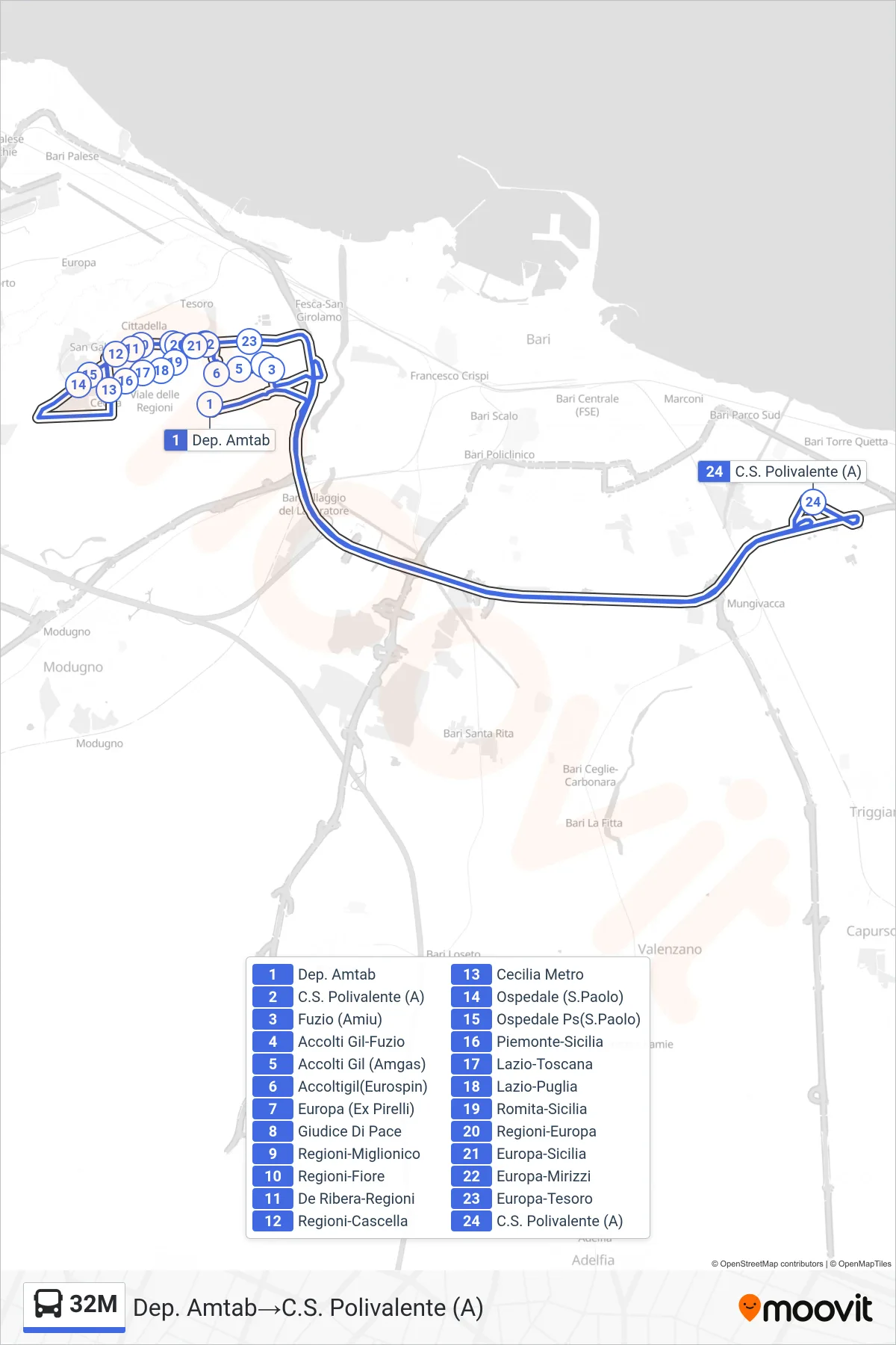 Linea 32M  bus (Dep. Amtab‎→C.S. Polivalente (A)) - Percorsi e fermate sulla mappa