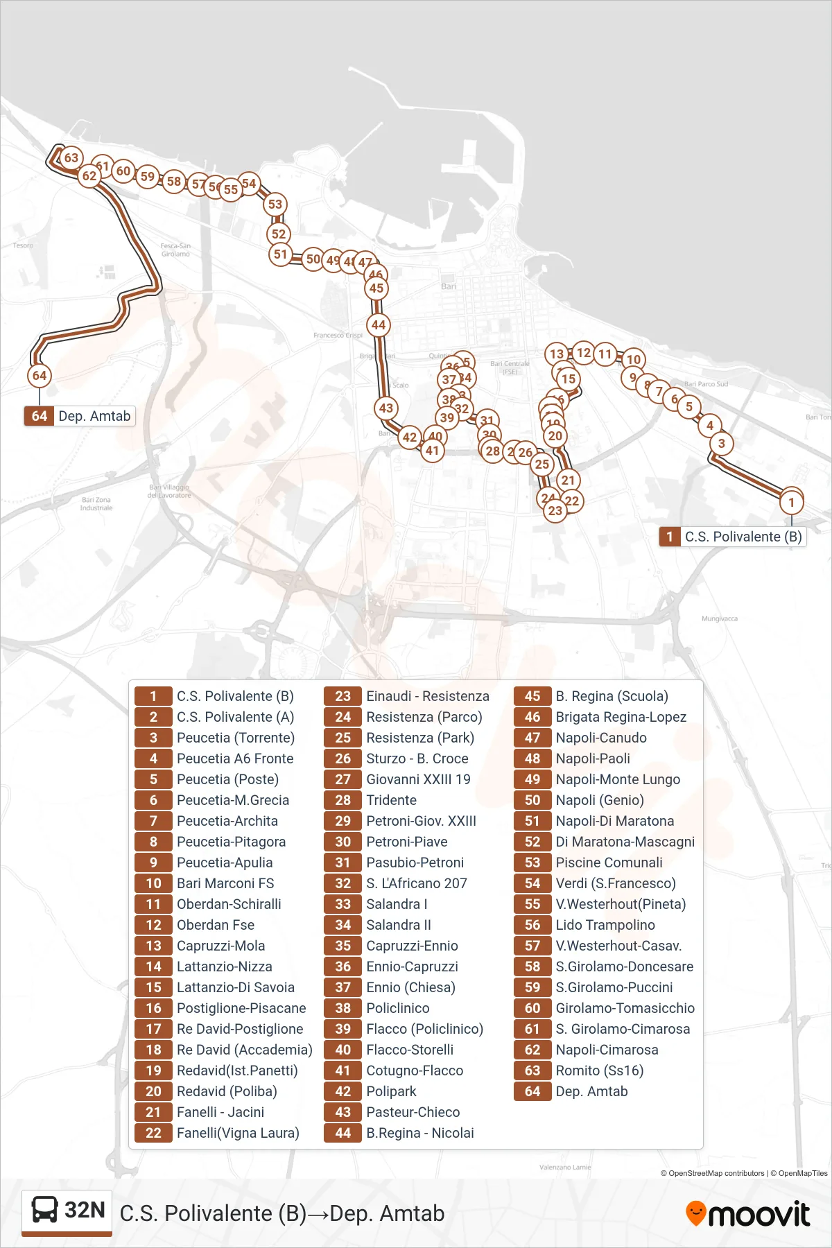 Linea 32N  bus (C.S. Polivalente (B)‎→Dep. Amtab) - Percorsi e fermate sulla mappa
