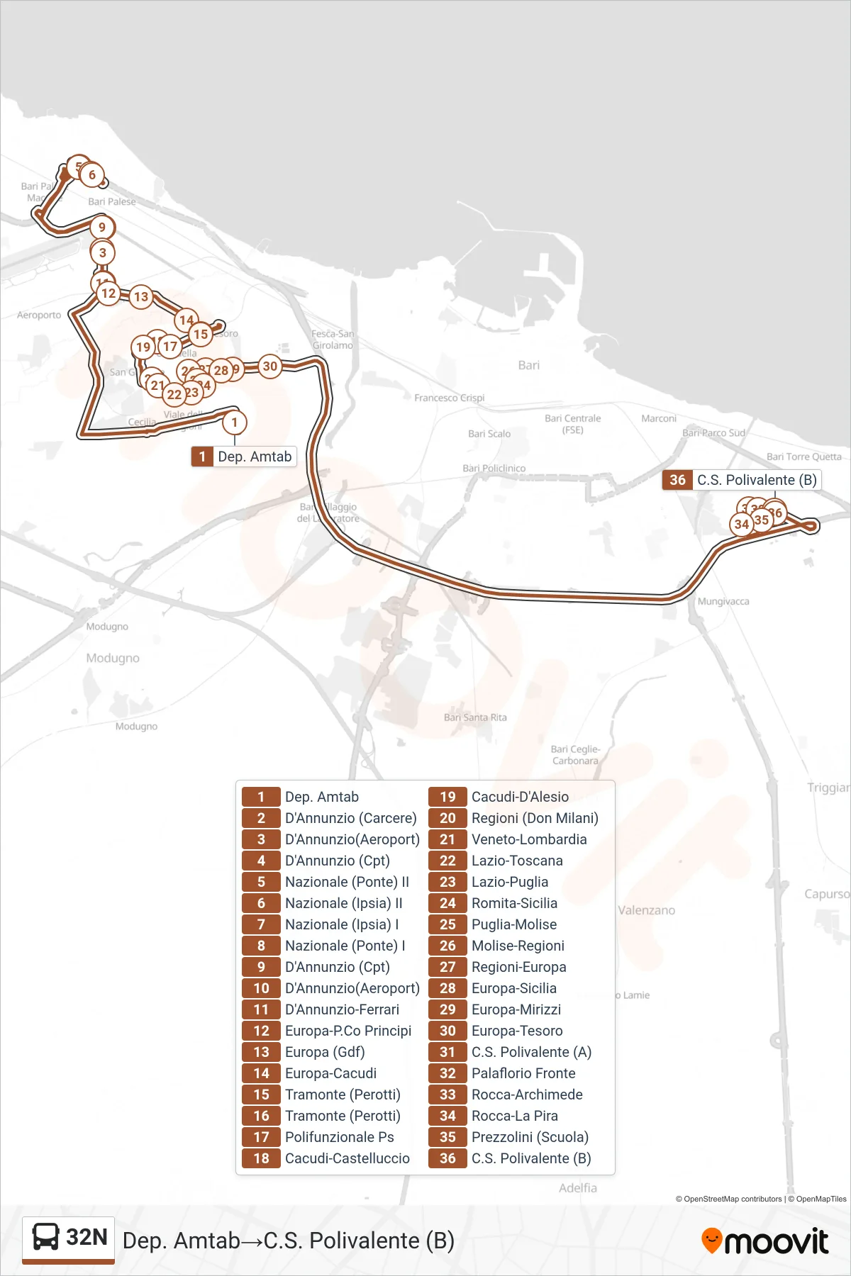 Linea 32N bus (Dep. Amtab→C.S. Polivalente (B)) - Percorsi e fermate sulla mappa