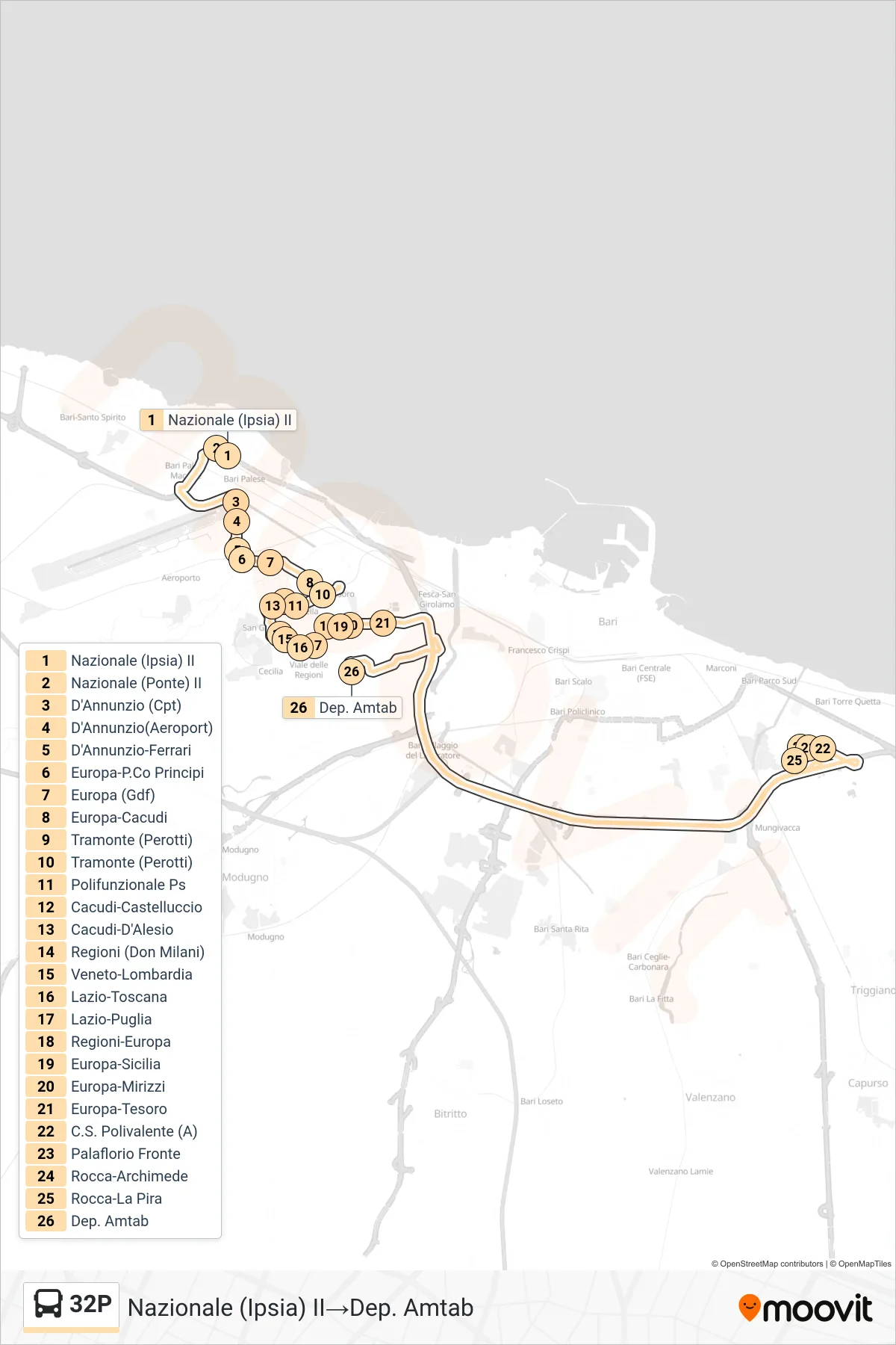 Linea 32P bus (Nazionale (Ipsia) II→Dep. Amtab) - Percorsi e fermate sulla mappa