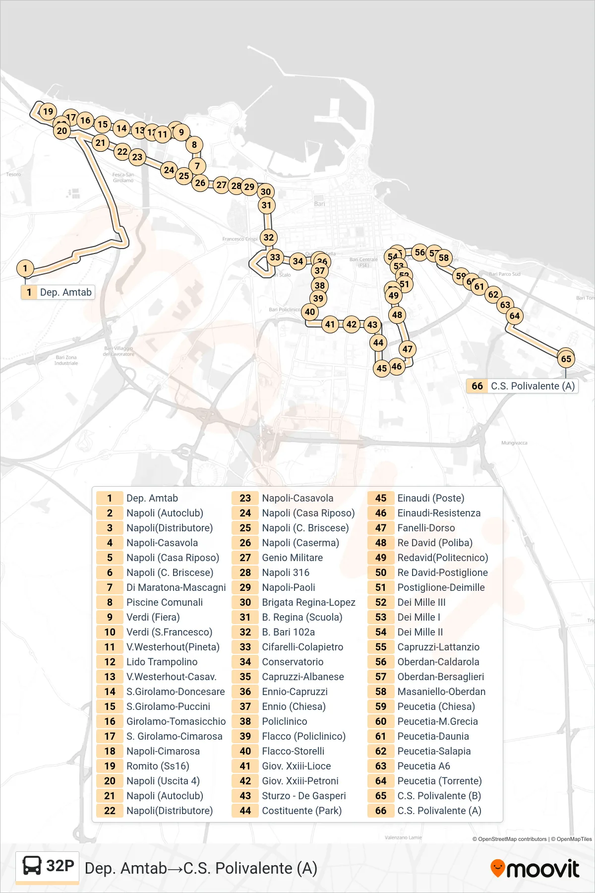 Linea 32P bus (Dep. Amtab→C.S. Polivalente (A)) - Percorsi e fermate sulla mappa