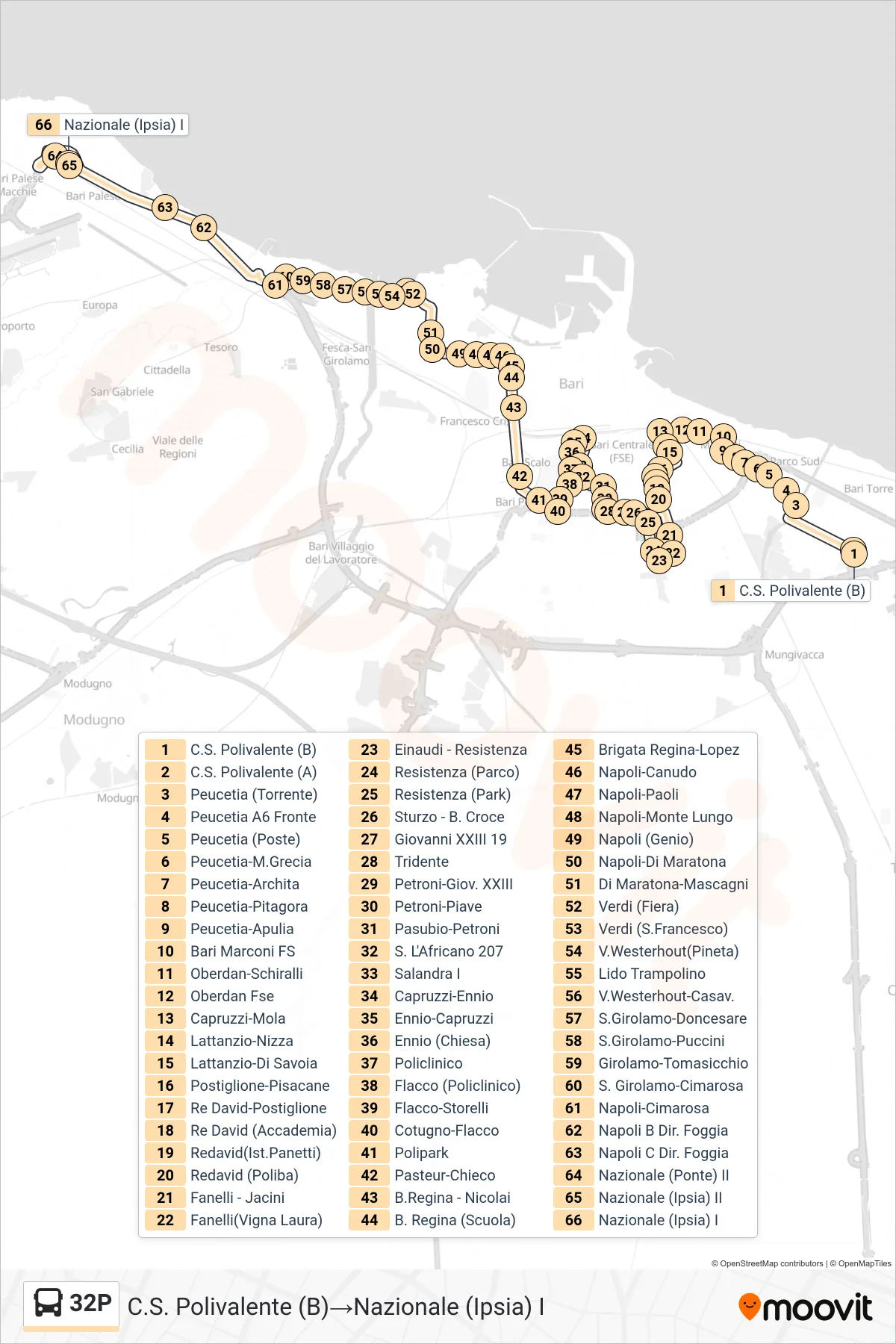 Linea 32P  bus (C.S. Polivalente (B)‎→Nazionale (Ipsia) I) - Percorsi e fermate sulla mappa