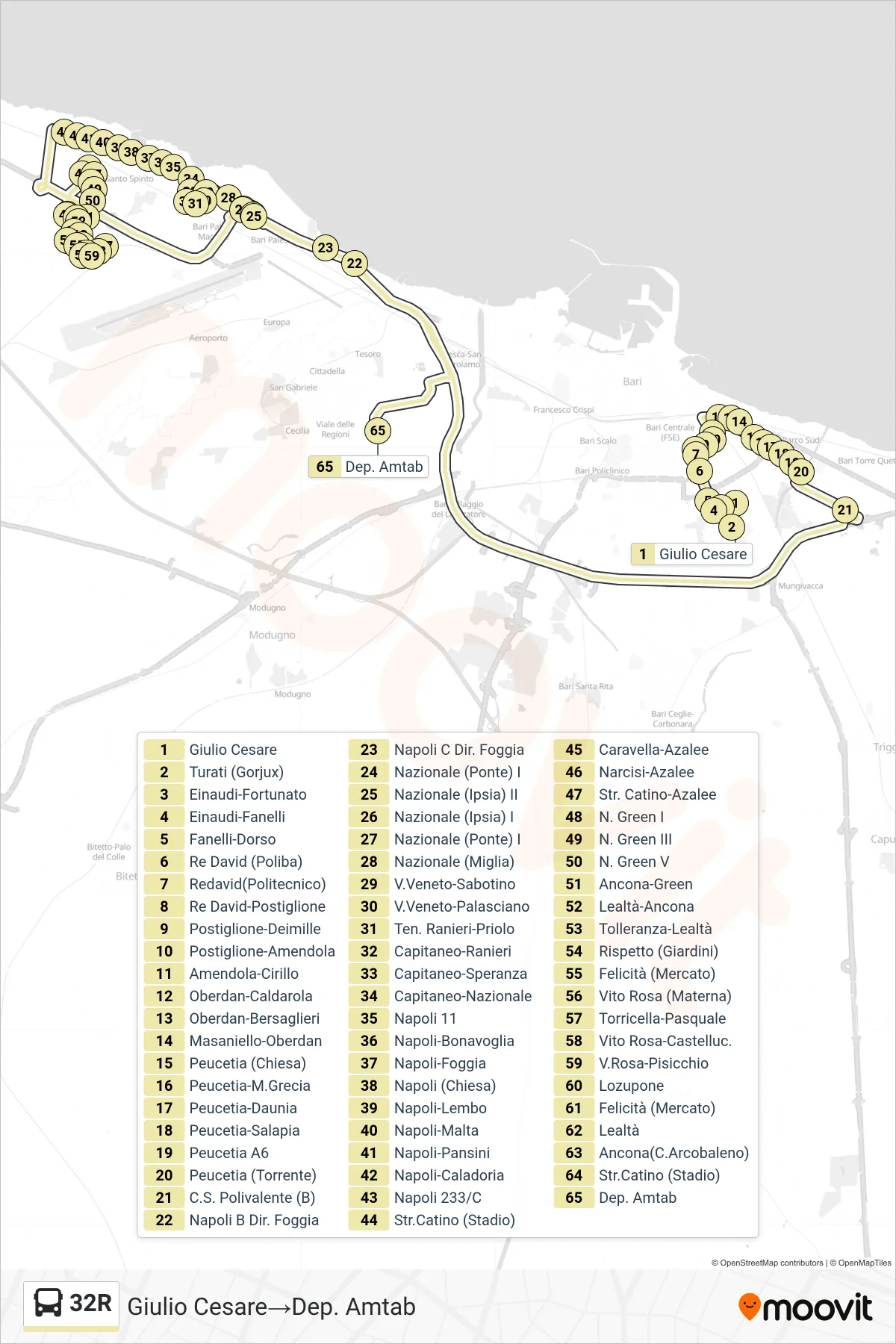 Linea 32R bus (Giulio Cesare→Dep. Amtab) - Percorsi e fermate sulla mappa