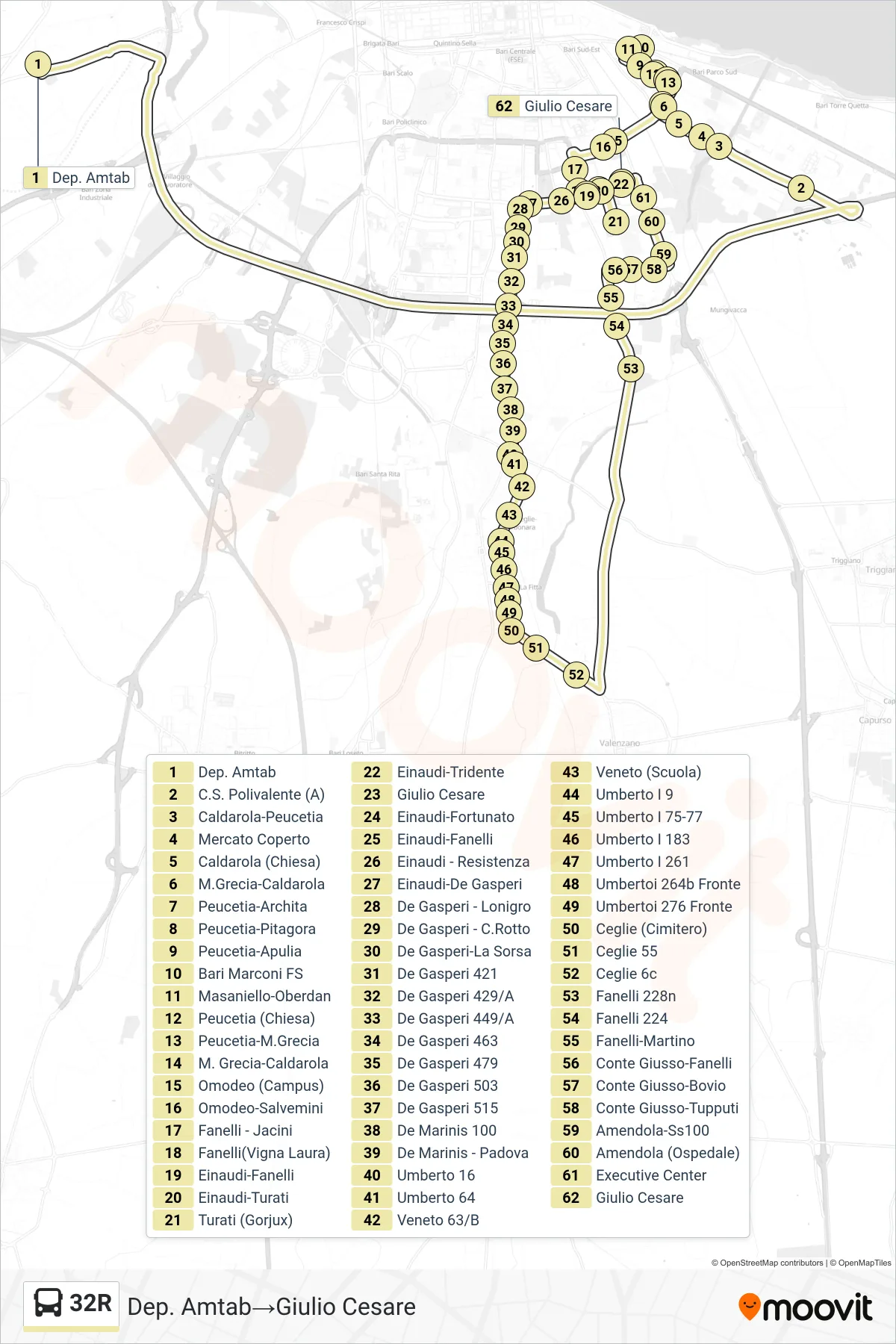 Linea 32R bus (Dep. Amtab→Giulio Cesare) - Percorsi e fermate sulla mappa