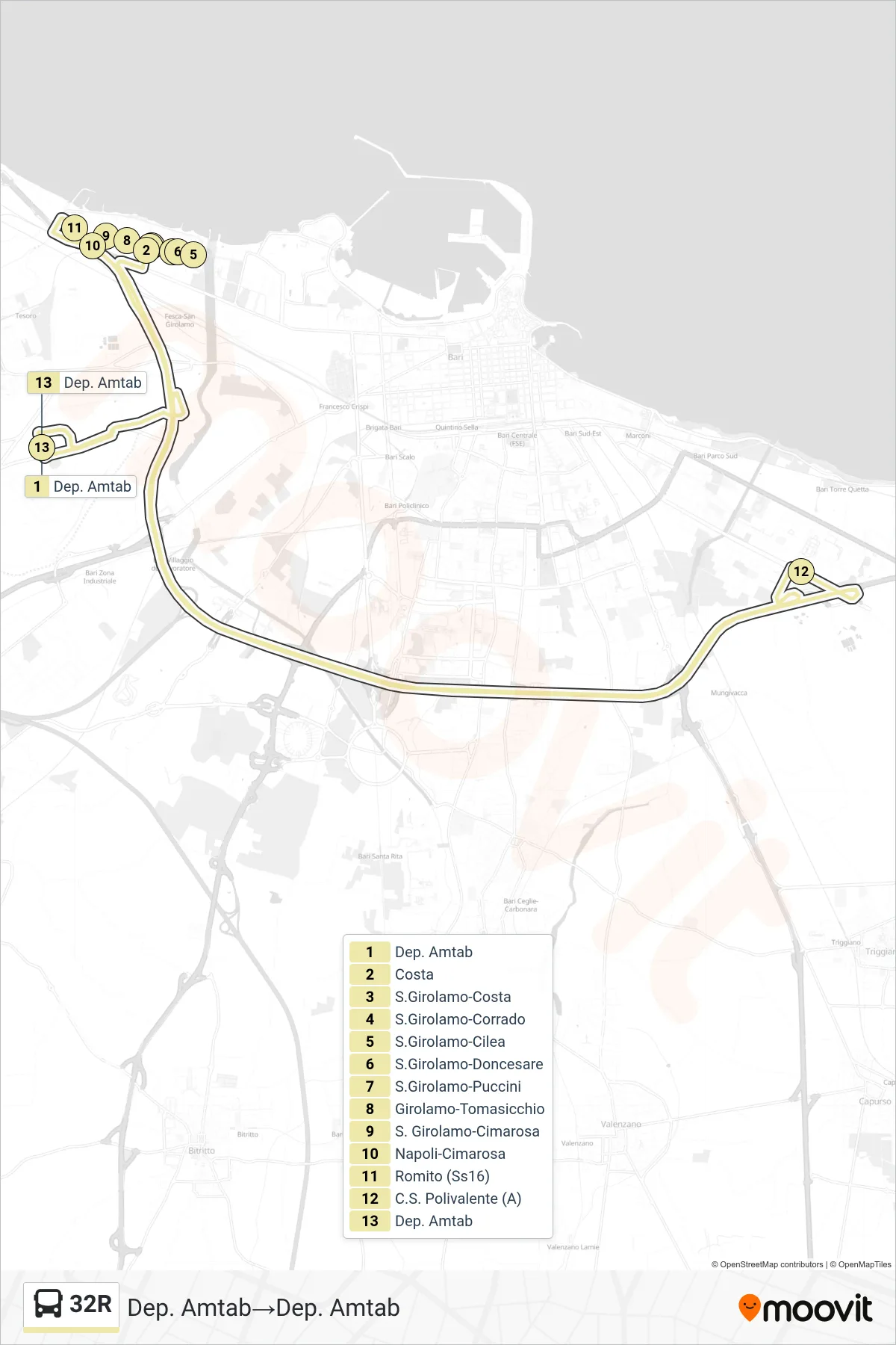 Linea 32R  bus (Dep. Amtab‎→Dep. Amtab) - Percorsi e fermate sulla mappa