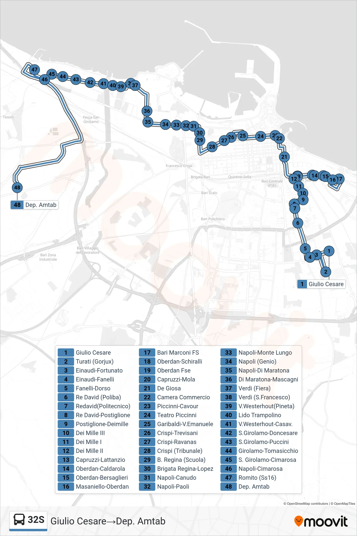 Linea 32S bus (Giulio Cesare→Dep. Amtab) - Percorsi e fermate sulla mappa