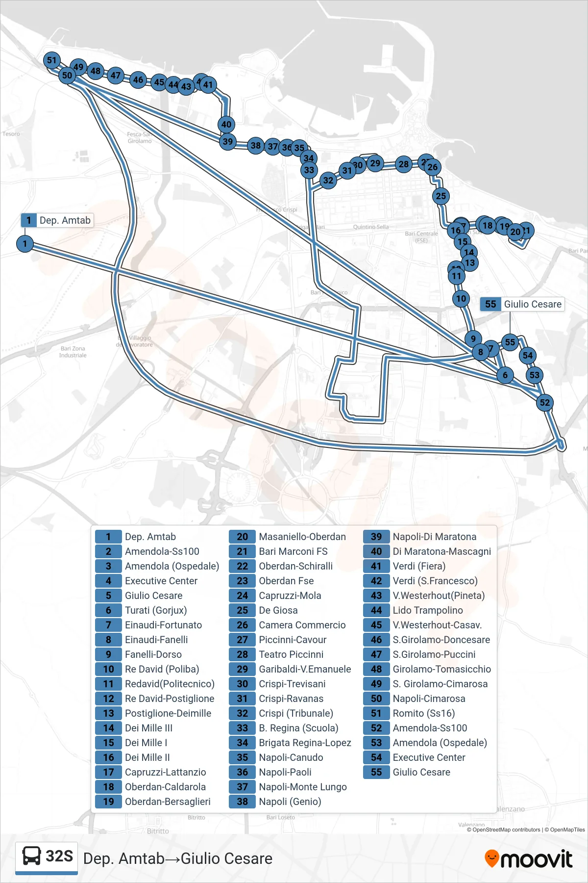 Linea 32S  bus (Dep. Amtab‎→Giulio Cesare) - Percorsi e fermate sulla mappa