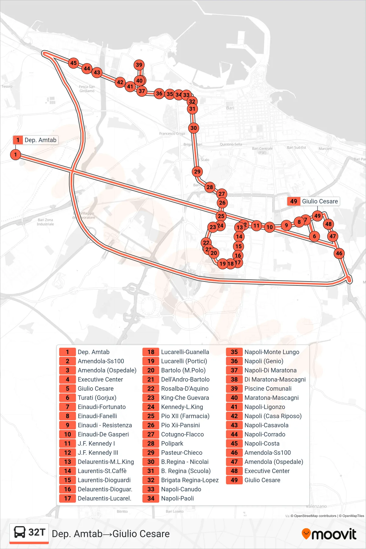 Linea 32T bus (Dep. Amtab→Giulio Cesare) - Percorsi e fermate sulla mappa