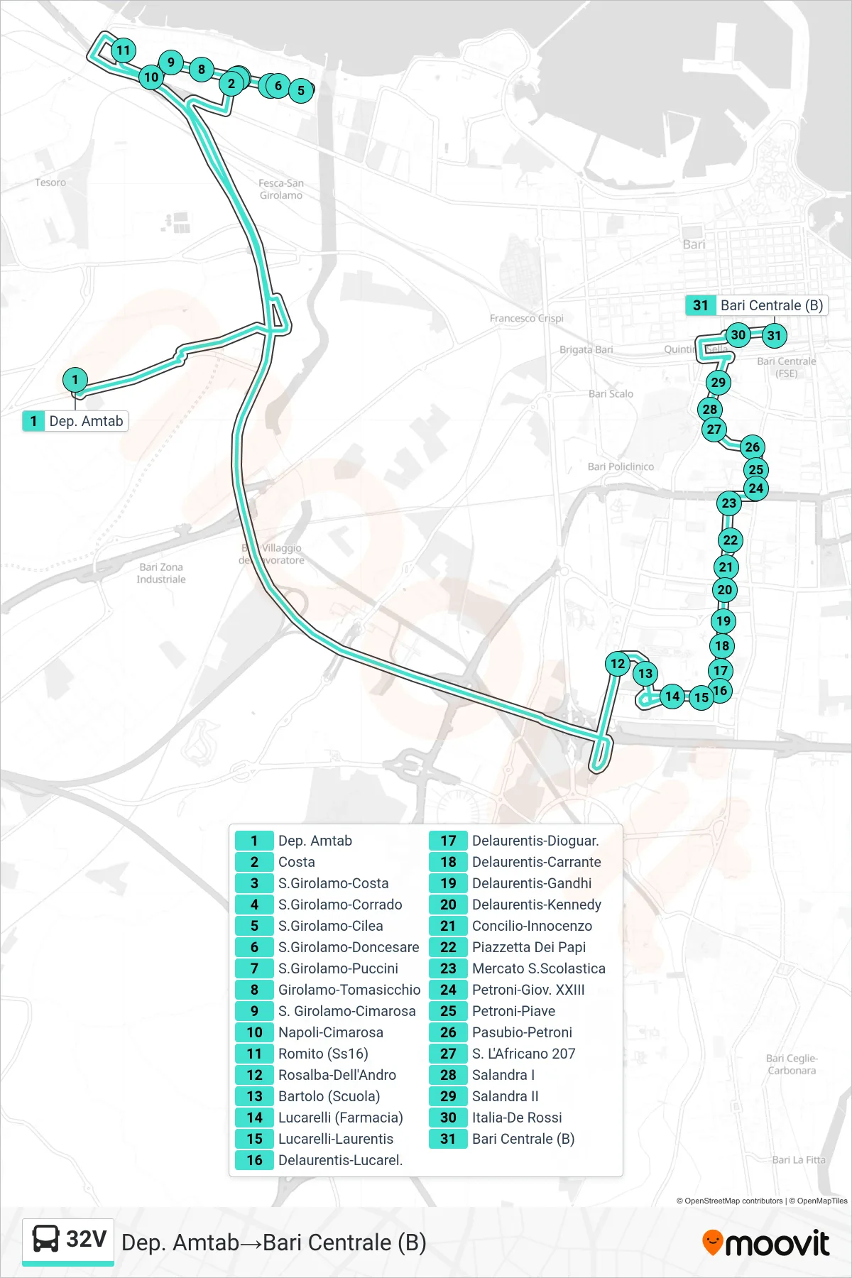 Linea 32V bus (Dep. Amtab→Bari Centrale (B)) - Percorsi e fermate sulla mappa