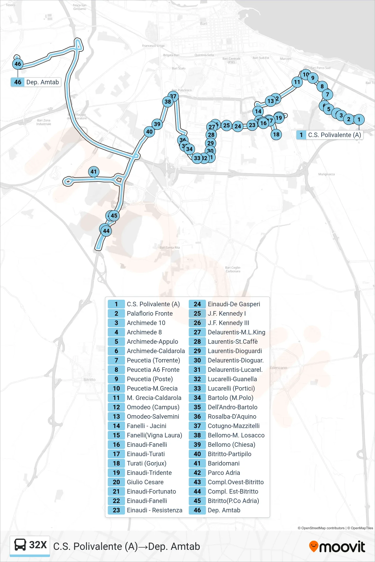 Linea 32X  bus (C.S. Polivalente (A)‎→Dep. Amtab) - Percorsi e fermate sulla mappa