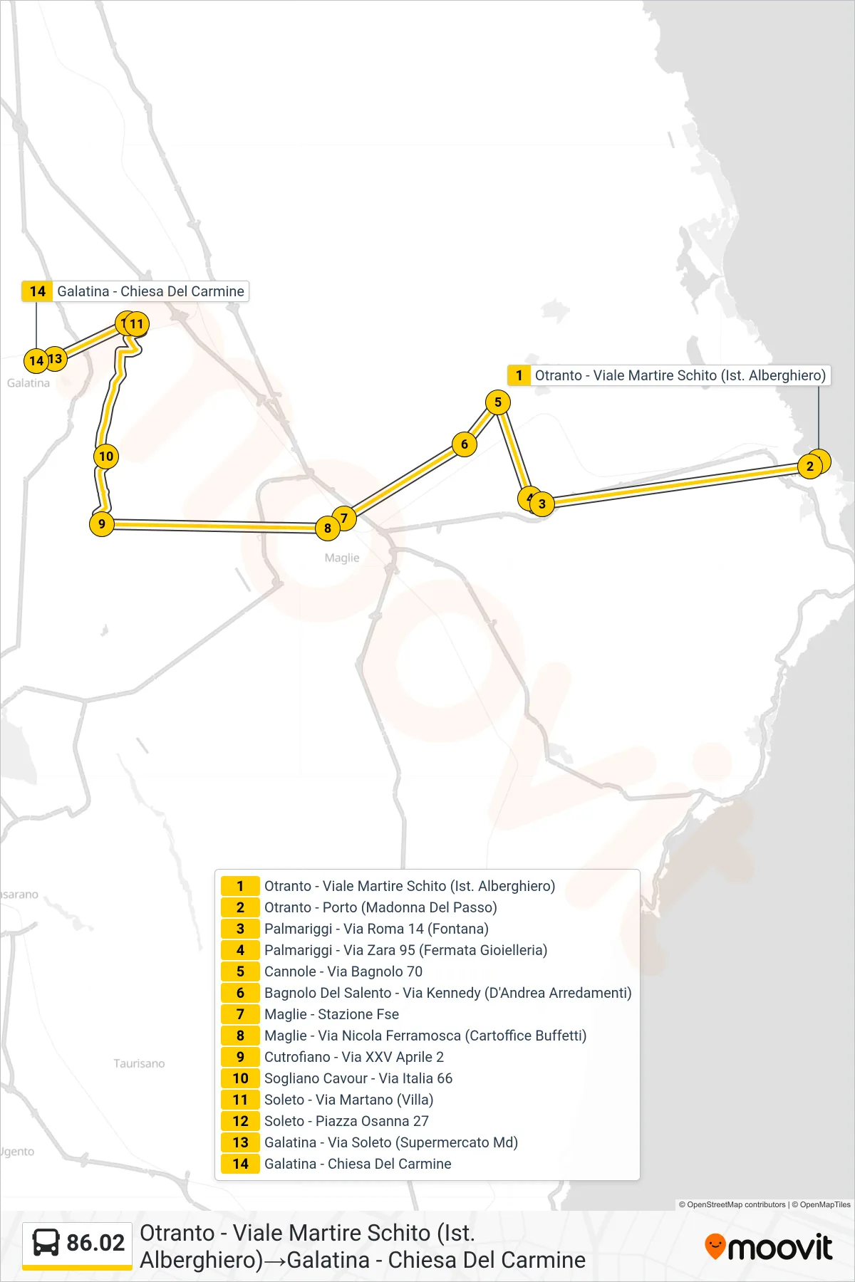 Linea 86.02 bus (Otranto - Viale Martire Schito (Ist. Alberghiero)→Galatina - Chiesa Del Carmine) - Percorsi e fermate sulla mappa