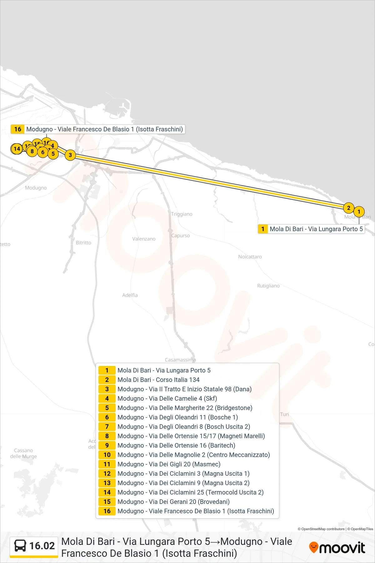Linea 16.02  bus (Mola Di Bari - Via Lungara Porto 5‎→Modugno - Viale Francesco De Blasio  1 (Isotta Fraschini)) - Percorsi e fermate sulla mappa