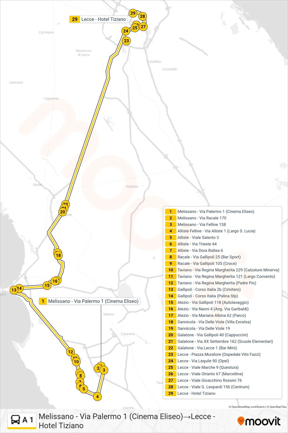 Linea A 1 bus (Melissano - Via Palermo 1 (Cinema Eliseo)→Lecce - Hotel Tiziano) - Percorsi e fermate sulla mappa