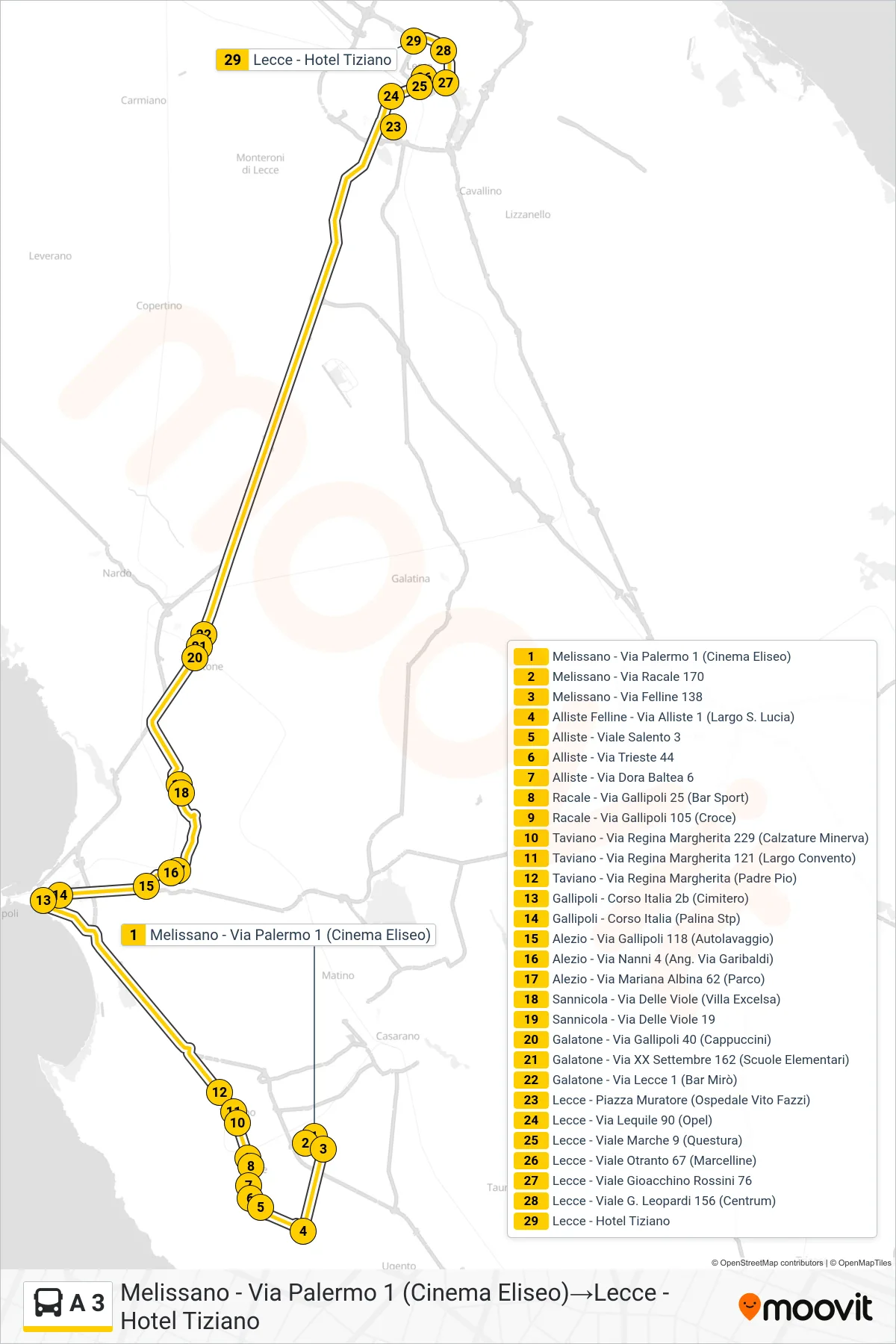 Linea A 3 bus (Melissano - Via Palermo 1 (Cinema Eliseo)→Lecce - Hotel Tiziano) - Percorsi e fermate sulla mappa