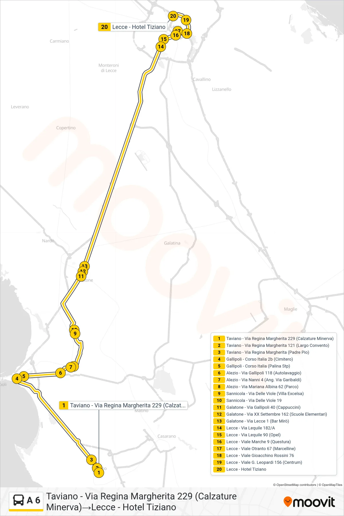 Linea A 6 bus (Taviano - Via Regina Margherita 229 (Calzature Minerva)→Lecce - Hotel Tiziano) - Percorsi e fermate sulla mappa