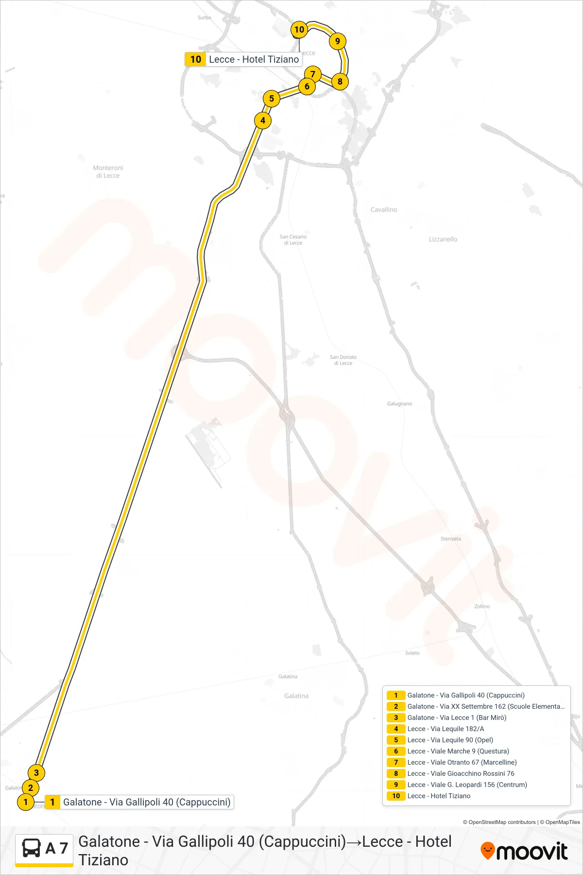 Linea A 7 bus (Galatone - Via Gallipoli 40 (Cappuccini)→Lecce - Hotel Tiziano) - Percorsi e fermate sulla mappa